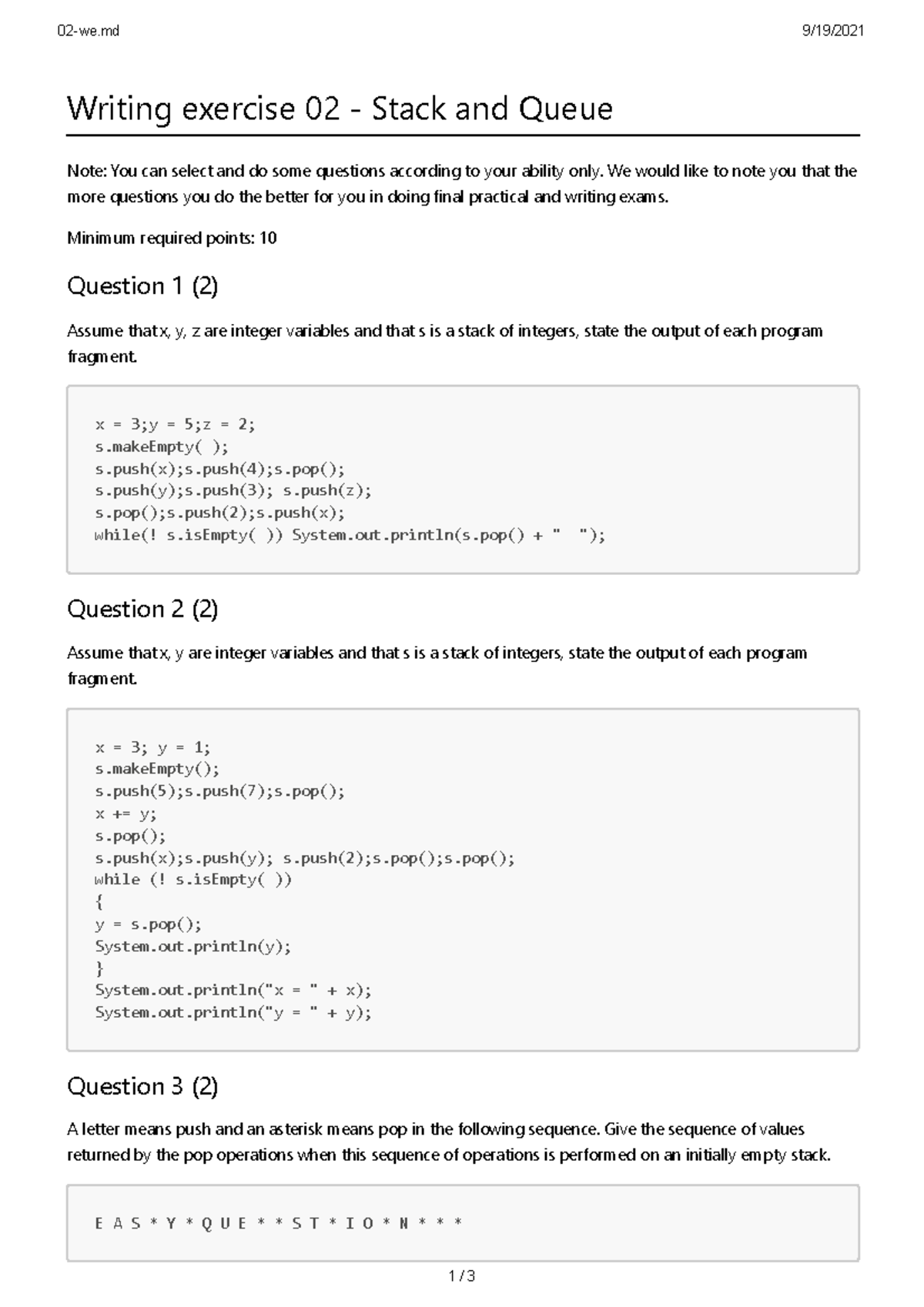 Writing Exercise 02 - Stack & Queue: Problems & Solutions - Studocu