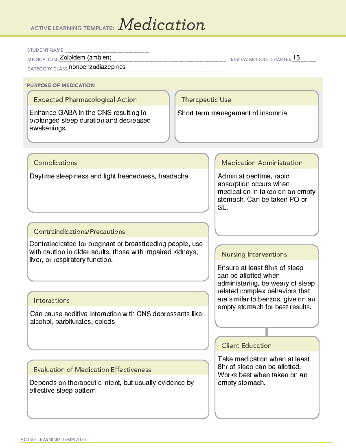 ACTIVE LEARNING TEMPLATE: Zolpidem (Ambien) Review Module CH 15 - Studocu