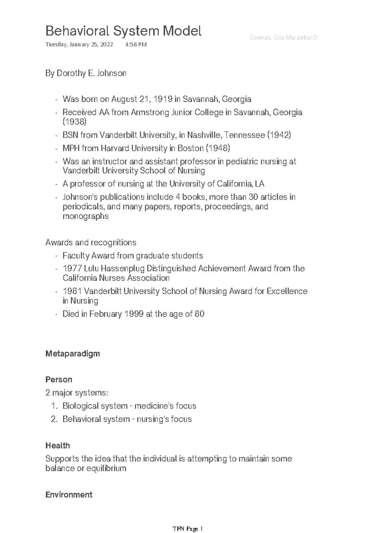 Behavioral System Model - By Dorothy E. Johnson Was born on August 21 ...