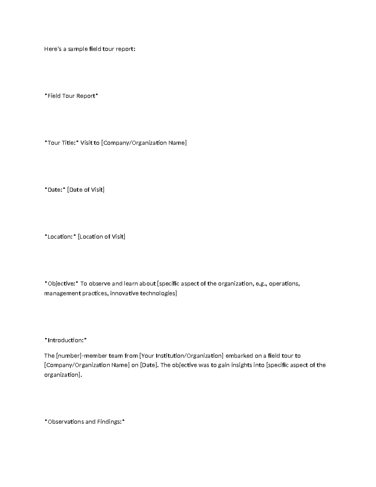 Field Tour Report Structure: Insights from [Company/Organization Name ...