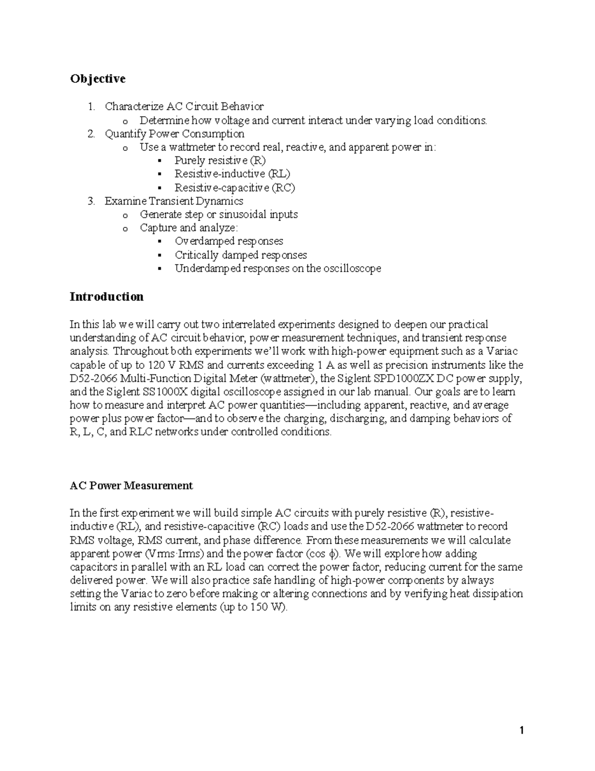 Lab 4 Final Report: AC Circuit Behavior & Transient Response Analysis ...