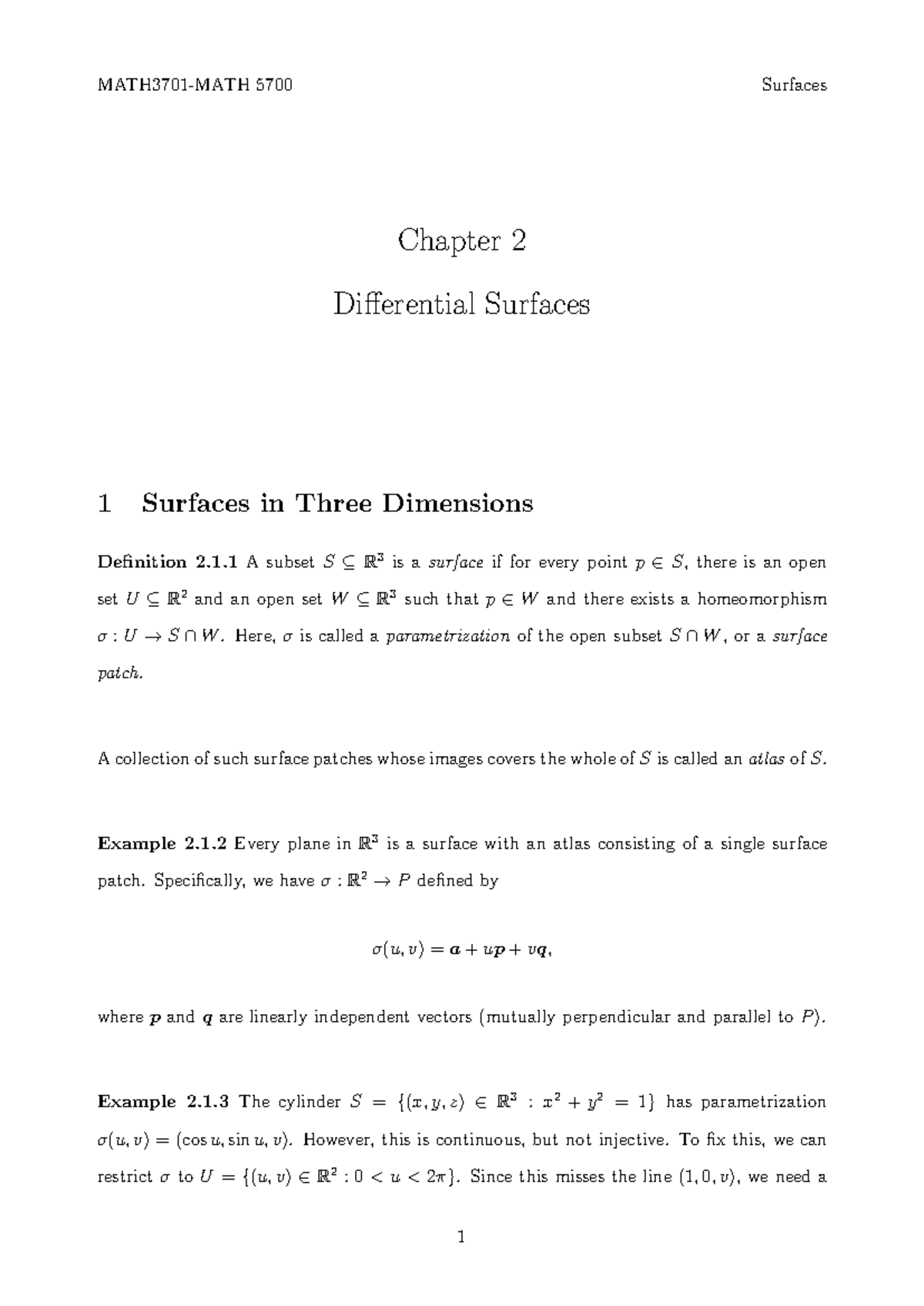 5700 Surfaces Chapter 2: Introduction to Surfaces in R3 - Studocu