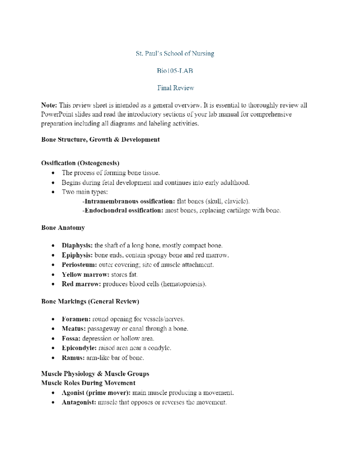 BIO 105 LAB Final Review Sheet: Comprehensive Overview of Anatomy and ...