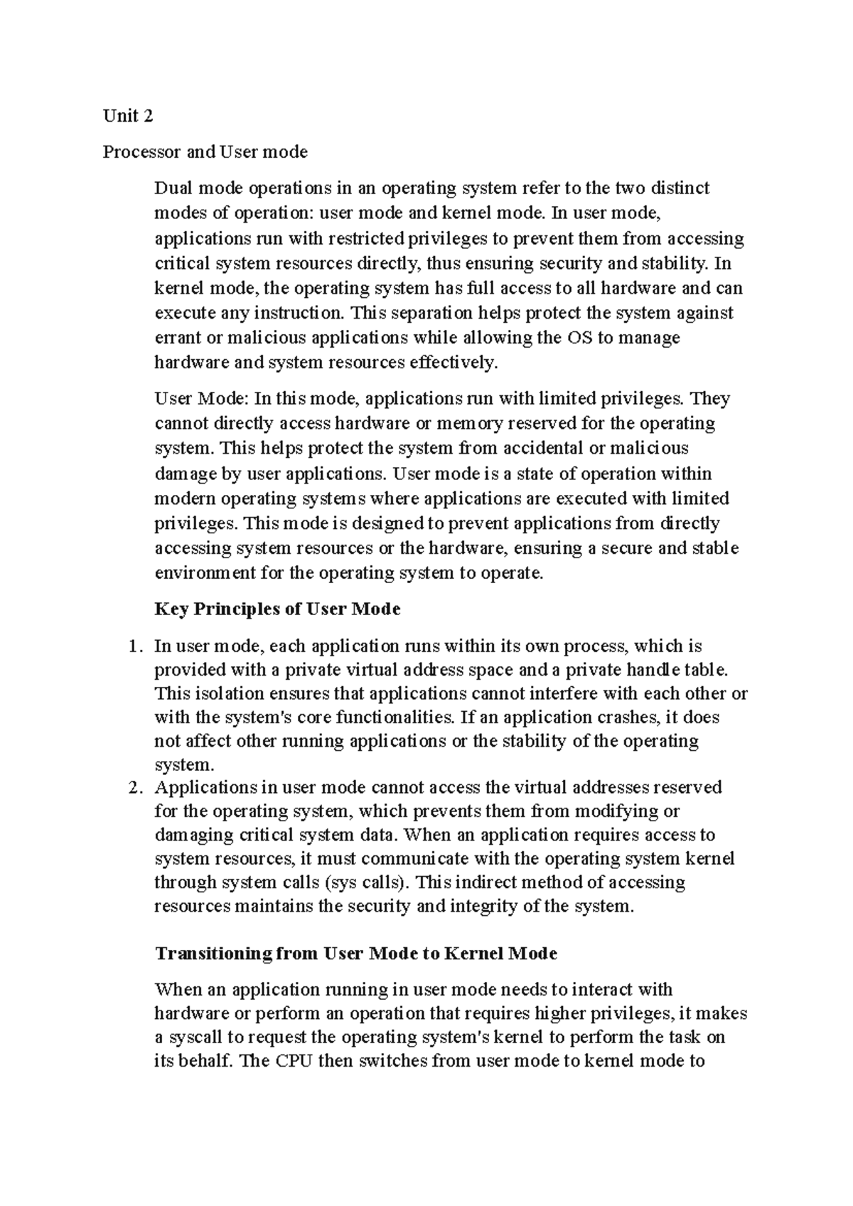 Unit 2 OS Notes: User Mode vs Kernel Mode Operations Explained - Studocu