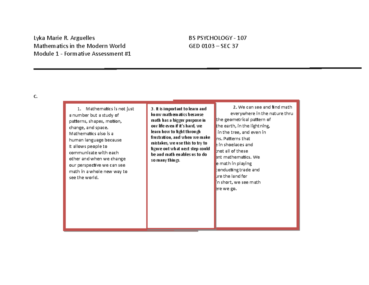 MODULE 1 FORMATIVE ASSESSTMENT 1 FOR MMW - Math In The Modern World ...