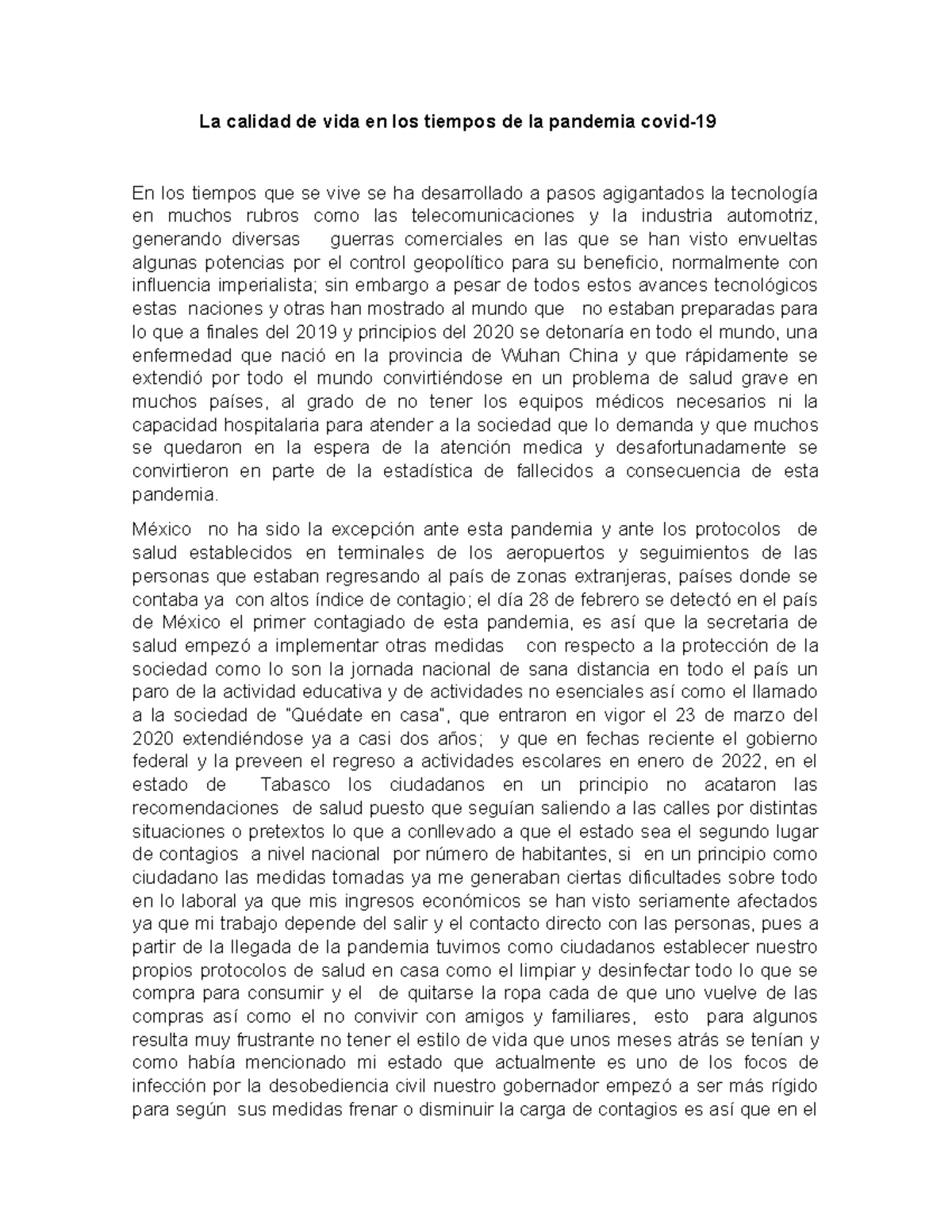 Modulo 10 Semana 3 - Impacto de la Pandemia en la Calidad de Vida - Studocu