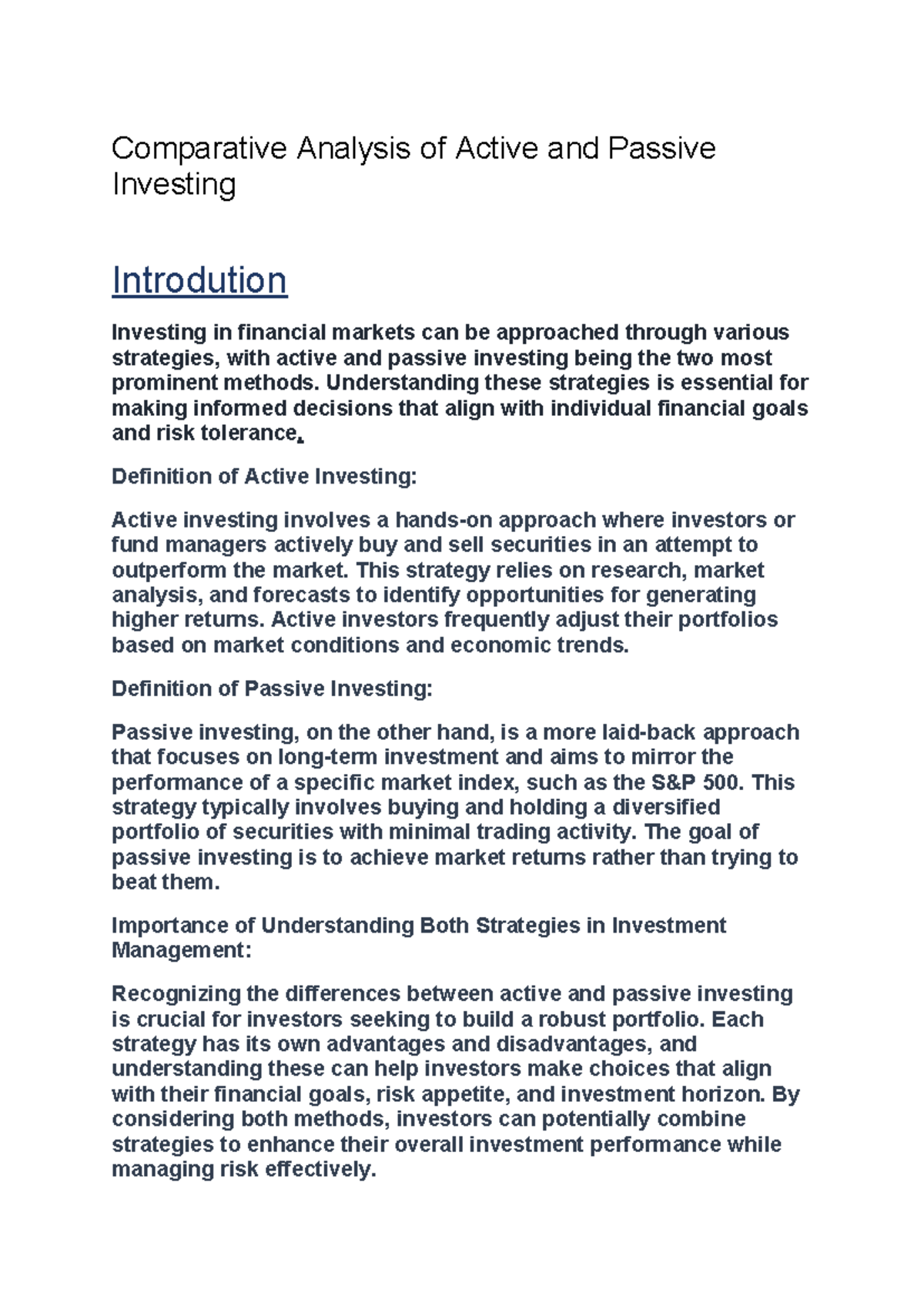 Comparative Analysis of Active vs Passive Investing Strategies - Studocu