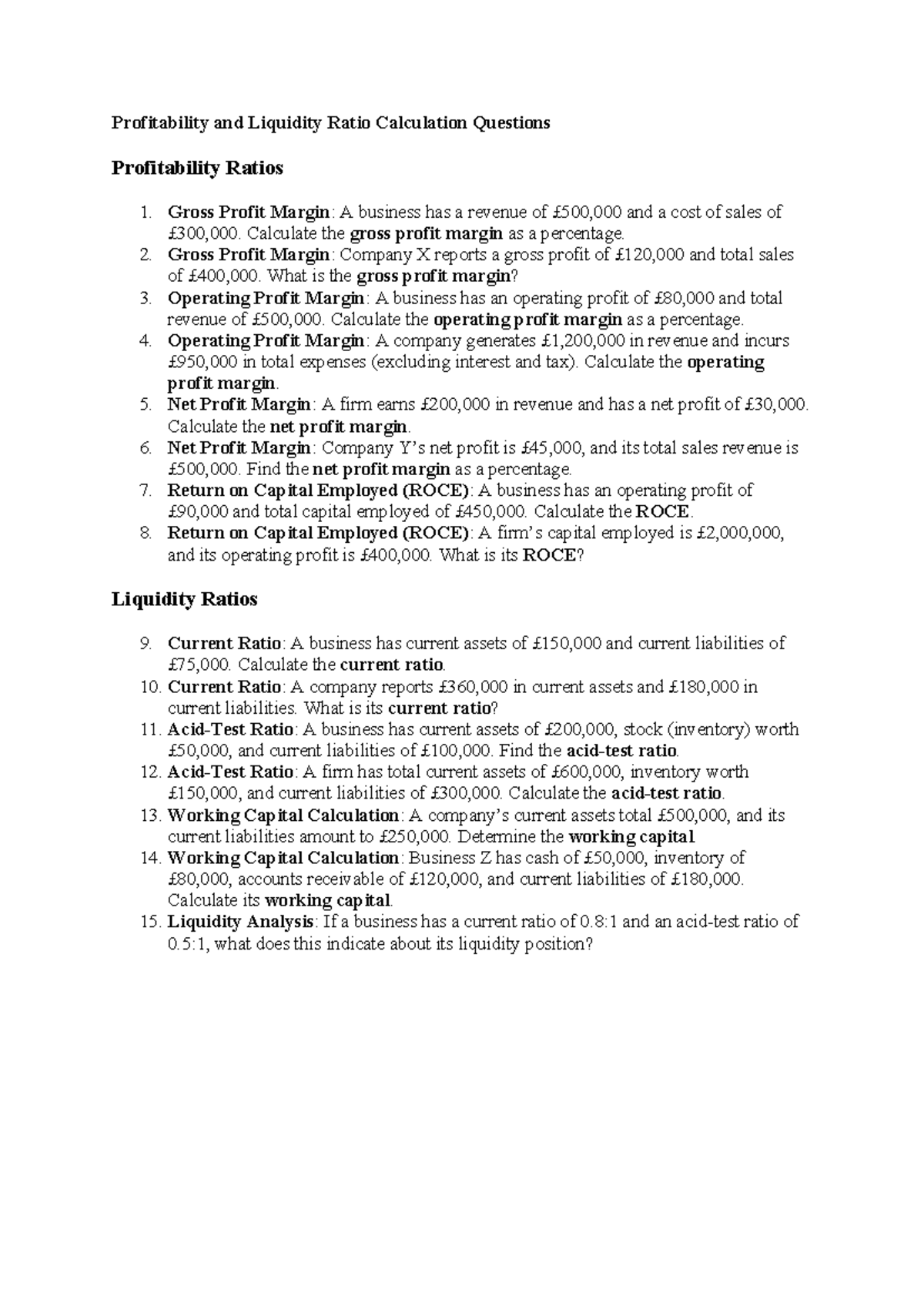 Profitability and Liquidity Ratio Calculation Questions - Profitability ...