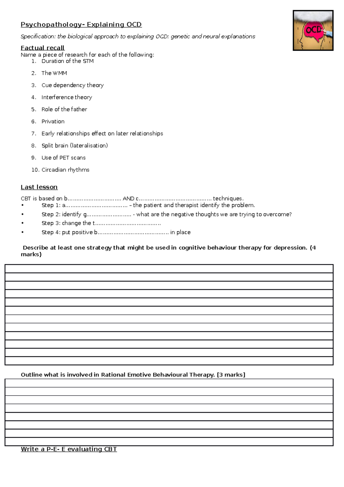 Psychopathology- Explaining and treating OCD - Psychopathology ...