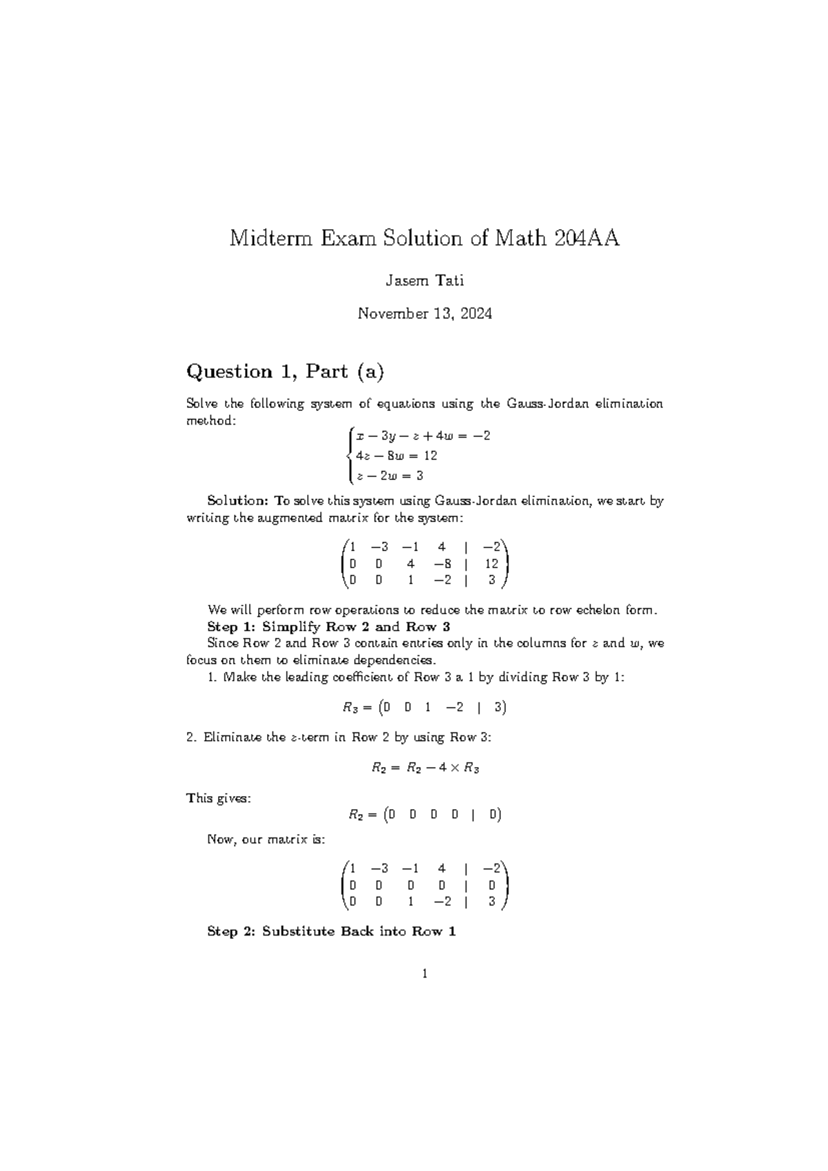 Math 204AA Midterm Exam Solutions – Gauss-Jordan Elimination and ...