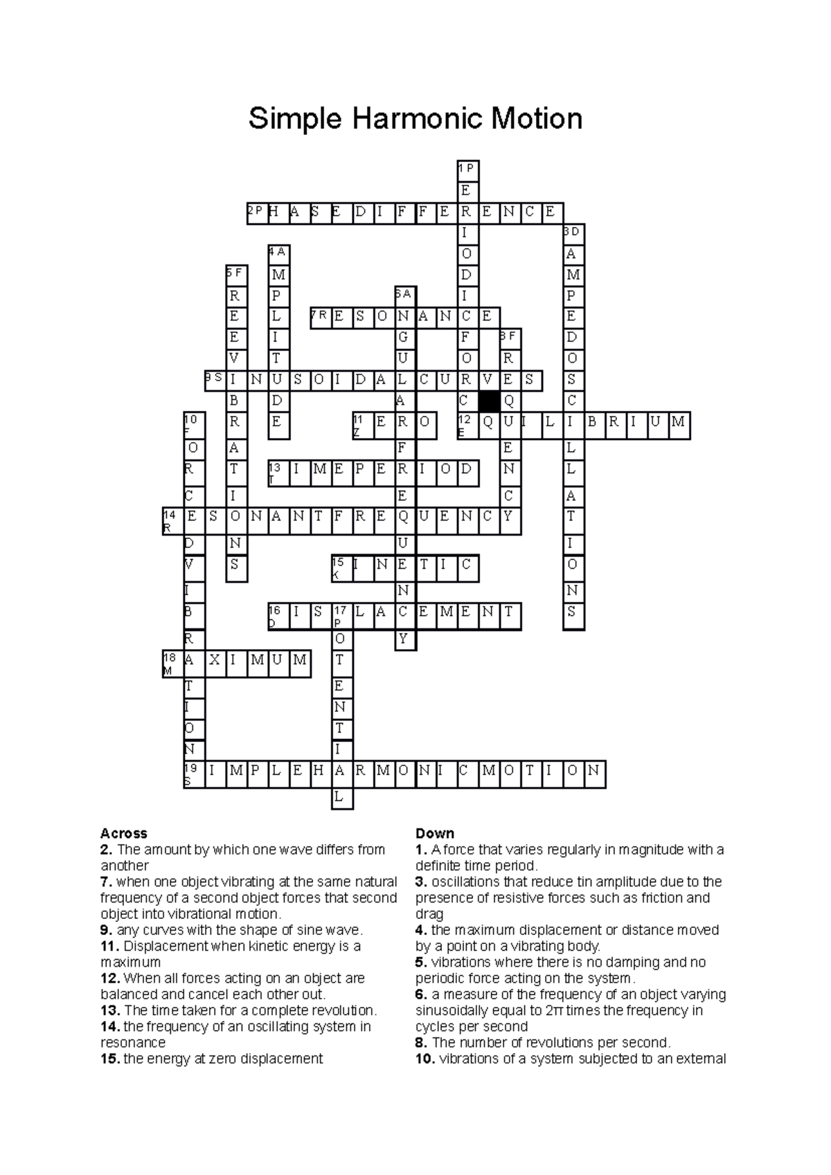 Simple Harmonic Motion Crossword Puzzle Solutions and Terms - Studocu