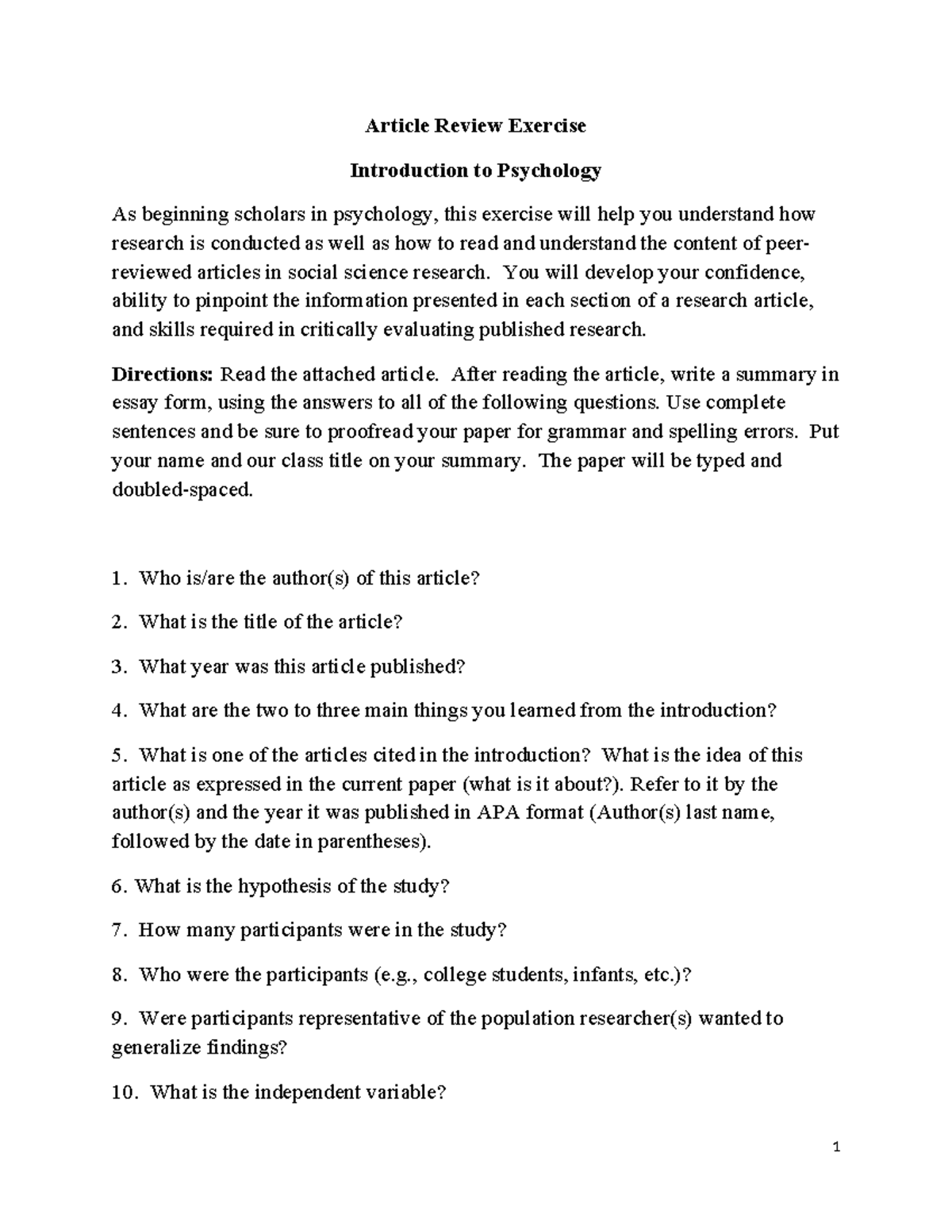 PSY 101: Article Review Exercise in Intro to Psychology - Studocu
