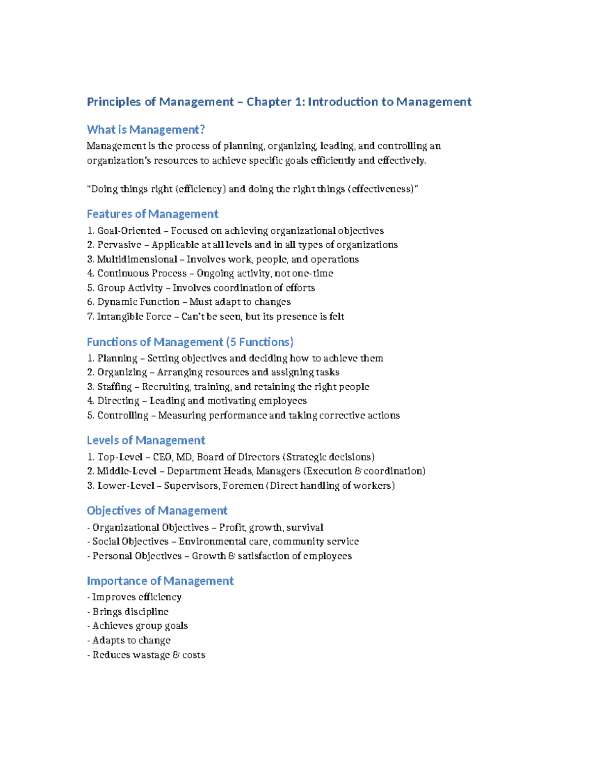 Principles of Management (MGT101) Chapter 1: Intro to Management - Studocu