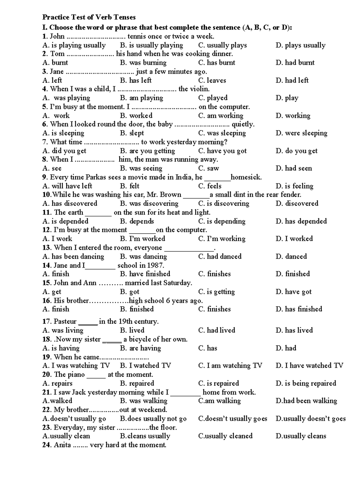 Practice Test: Verb Tenses I (English 101) - Studocu