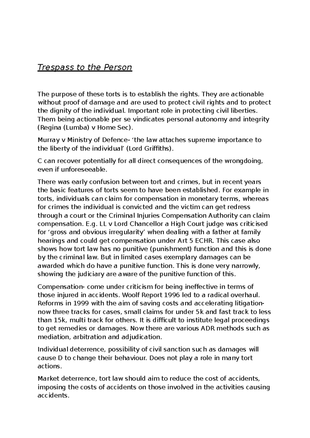 Tort Law Essay Notes (Course Code: TL101) - Studocu