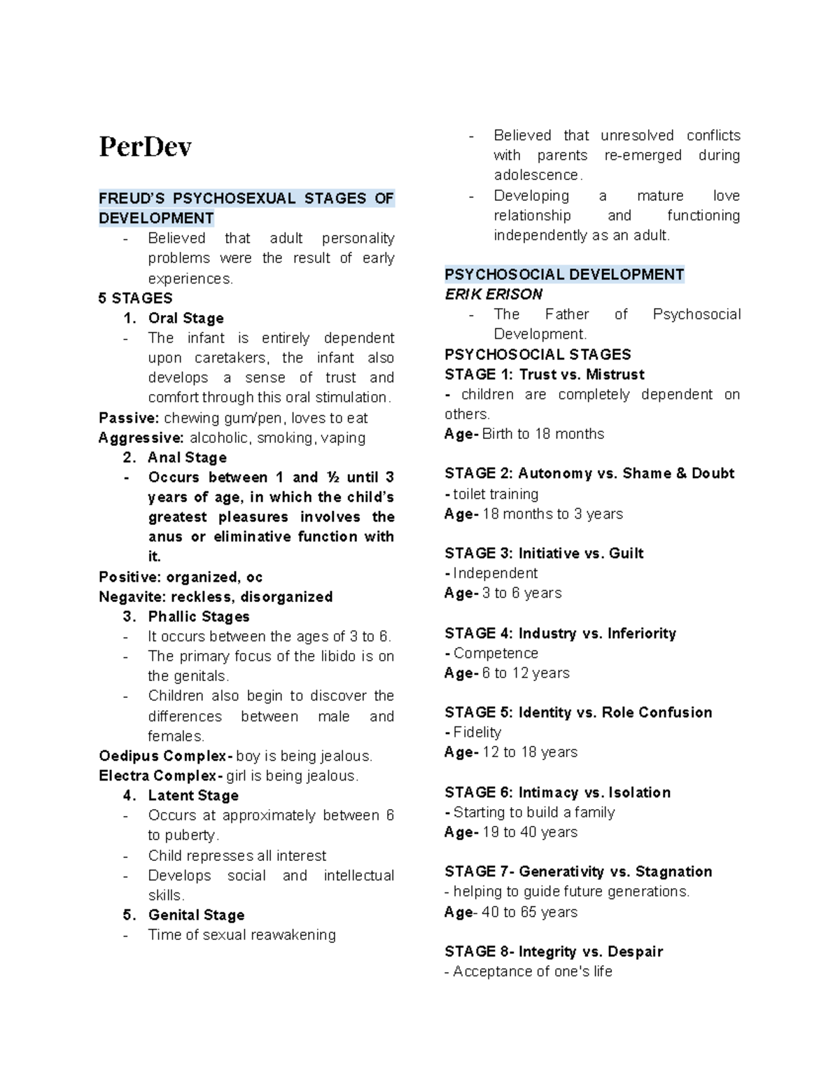 PerDev PSYCHOSEXUAL & PSYCHOSOCIAL STAGES REVIEWER - Studocu