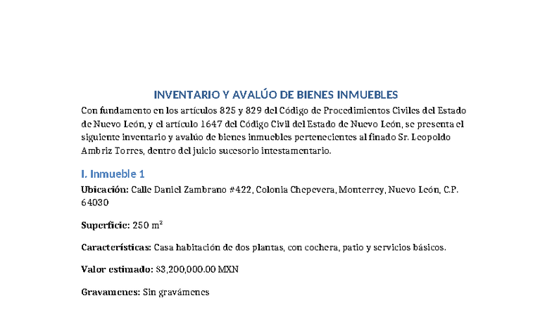 INVENTARIO Y AVALÚO DE BIENES INMUEBLES SUCESIÓN - Studocu