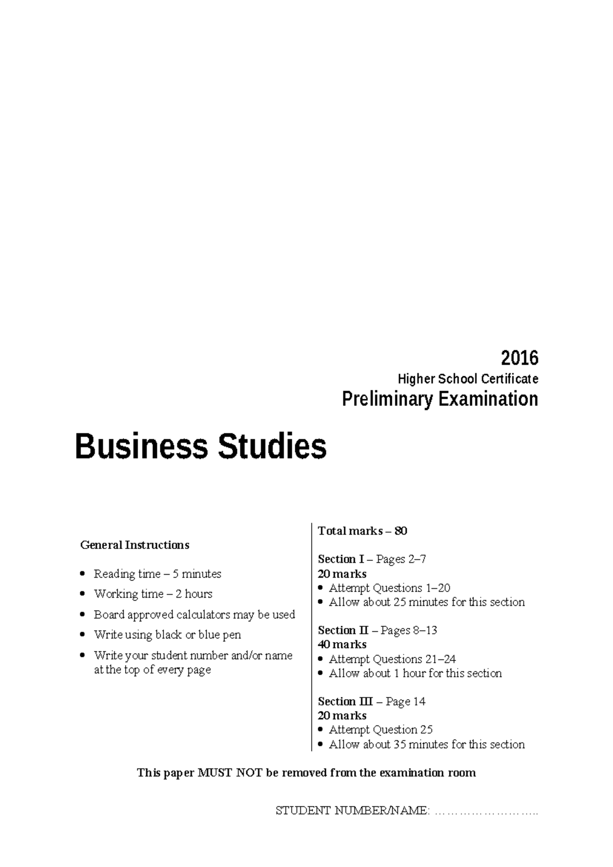 Business Studies HSC Preliminary Exam 2016 - Total Marks 80 - Studocu