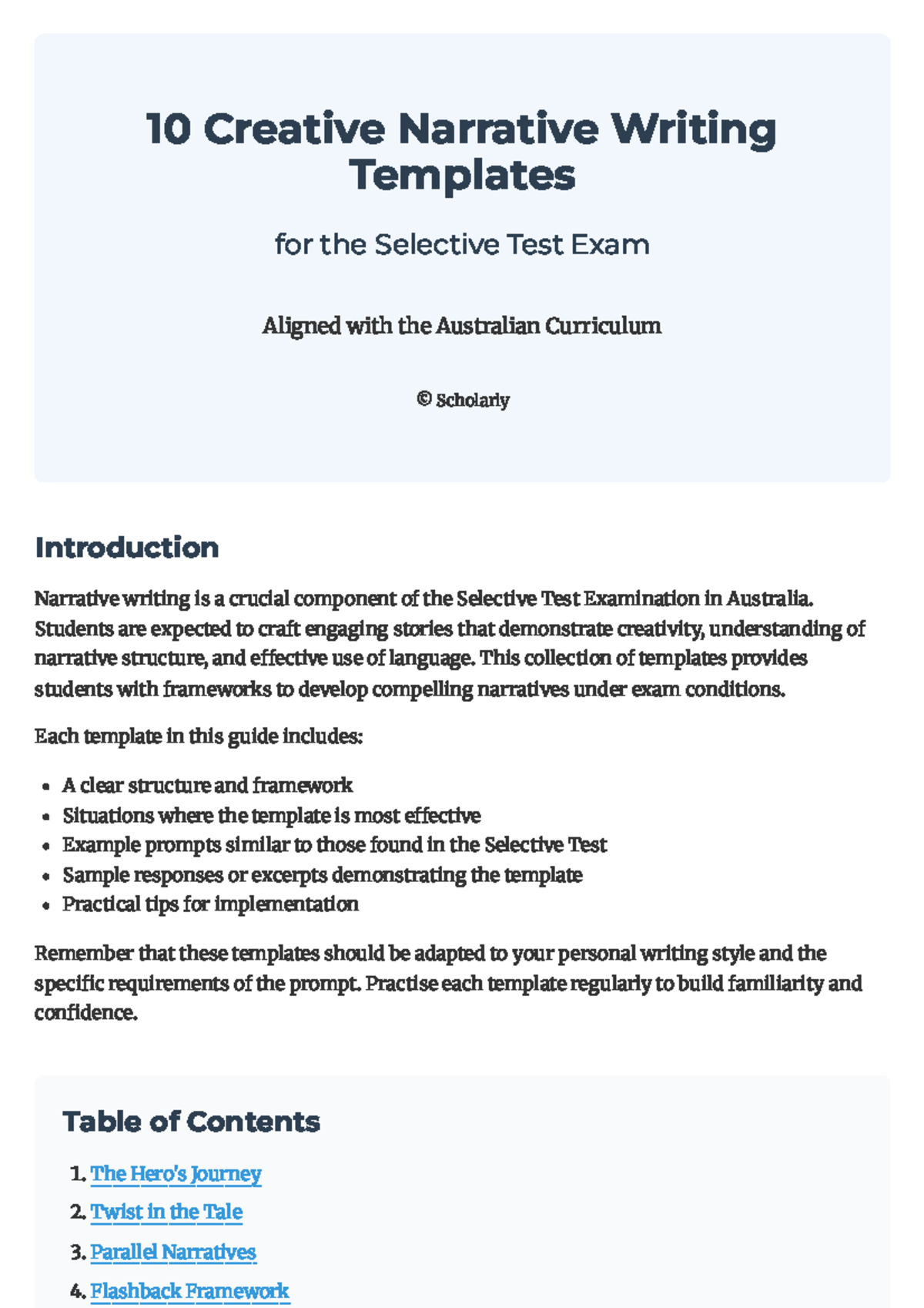 10 Narrative Writing Templates for the Selective Test Exam - Studocu