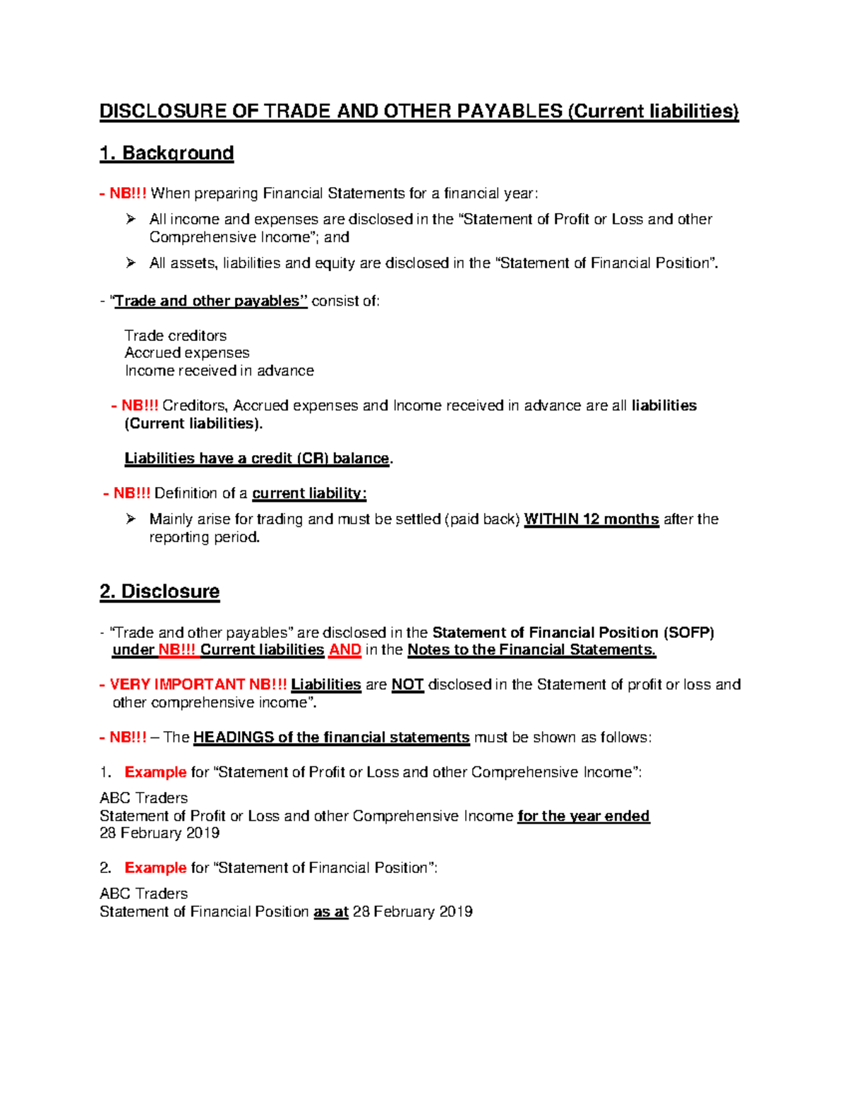 09 Summary - Disclosure of Trade & Other Creditors in Liabilities - Studocu