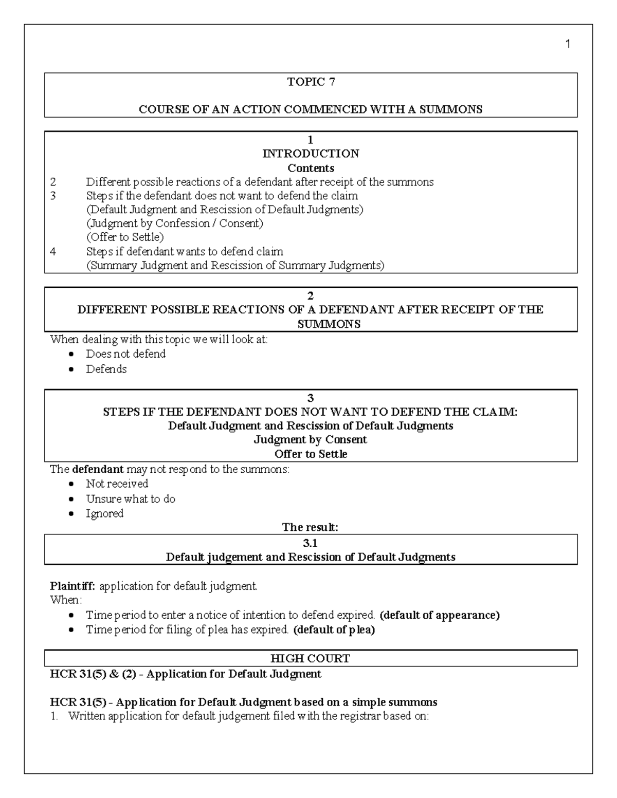 Topic 7: Course of Action After Summons - Defendant's Reactions and ...