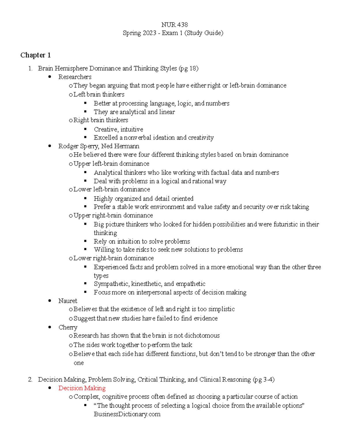NUR 438 Spring 2023 - Exam 1 Study Guide and Key Concepts - Studocu