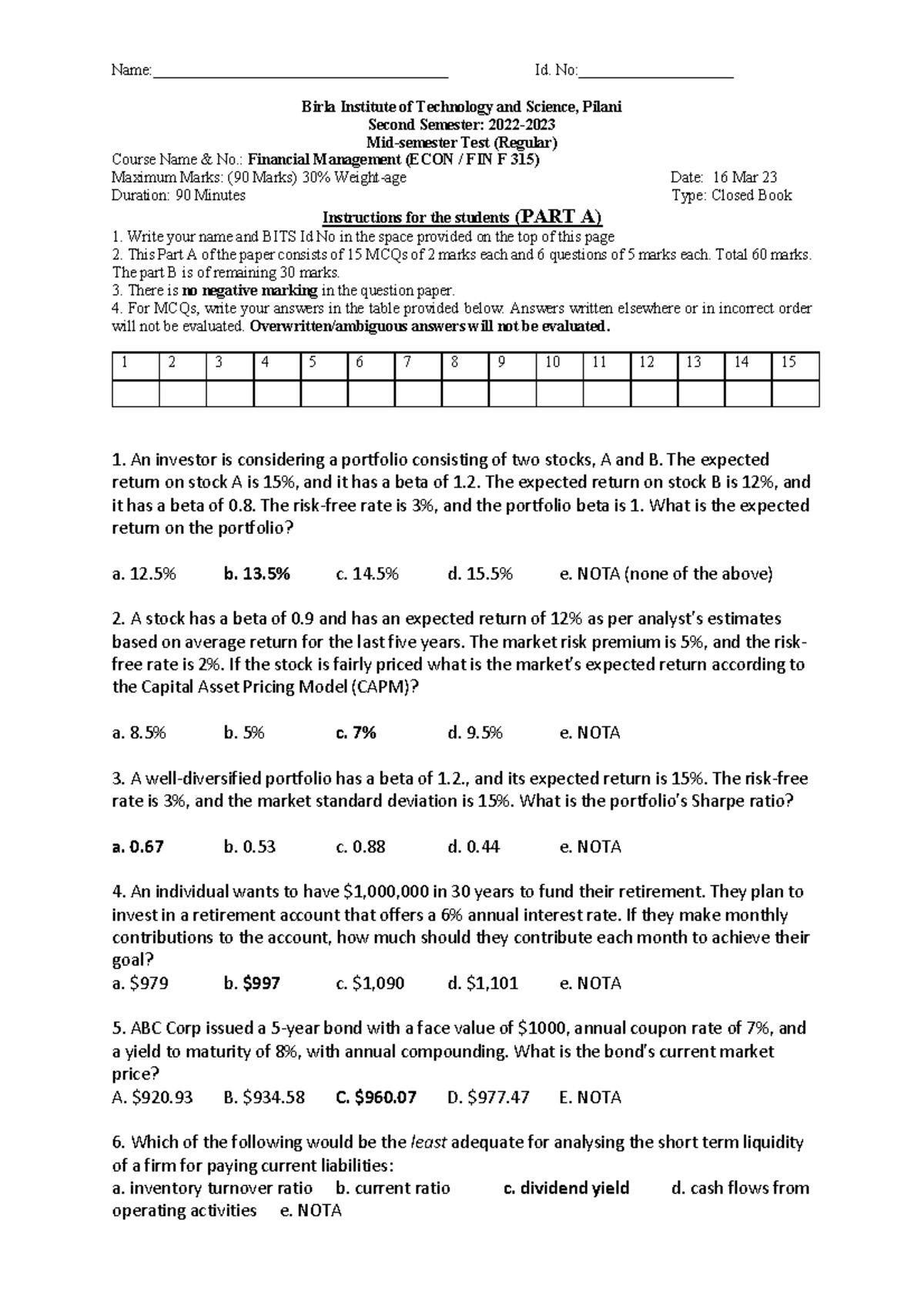 Financial Management Midsem 2023 (ECON FIN F 315) - Solved Paper - Studocu