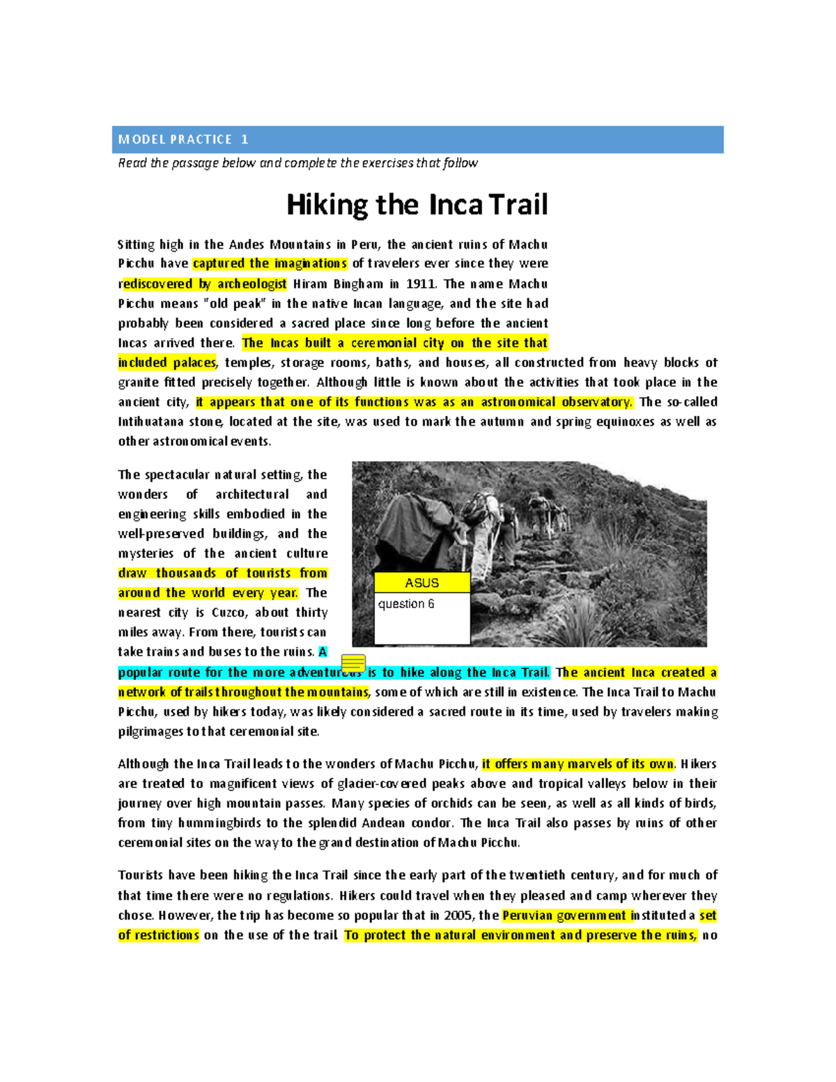 Inca Trail Hiking - Summary Completion Model Practice Section - Studocu
