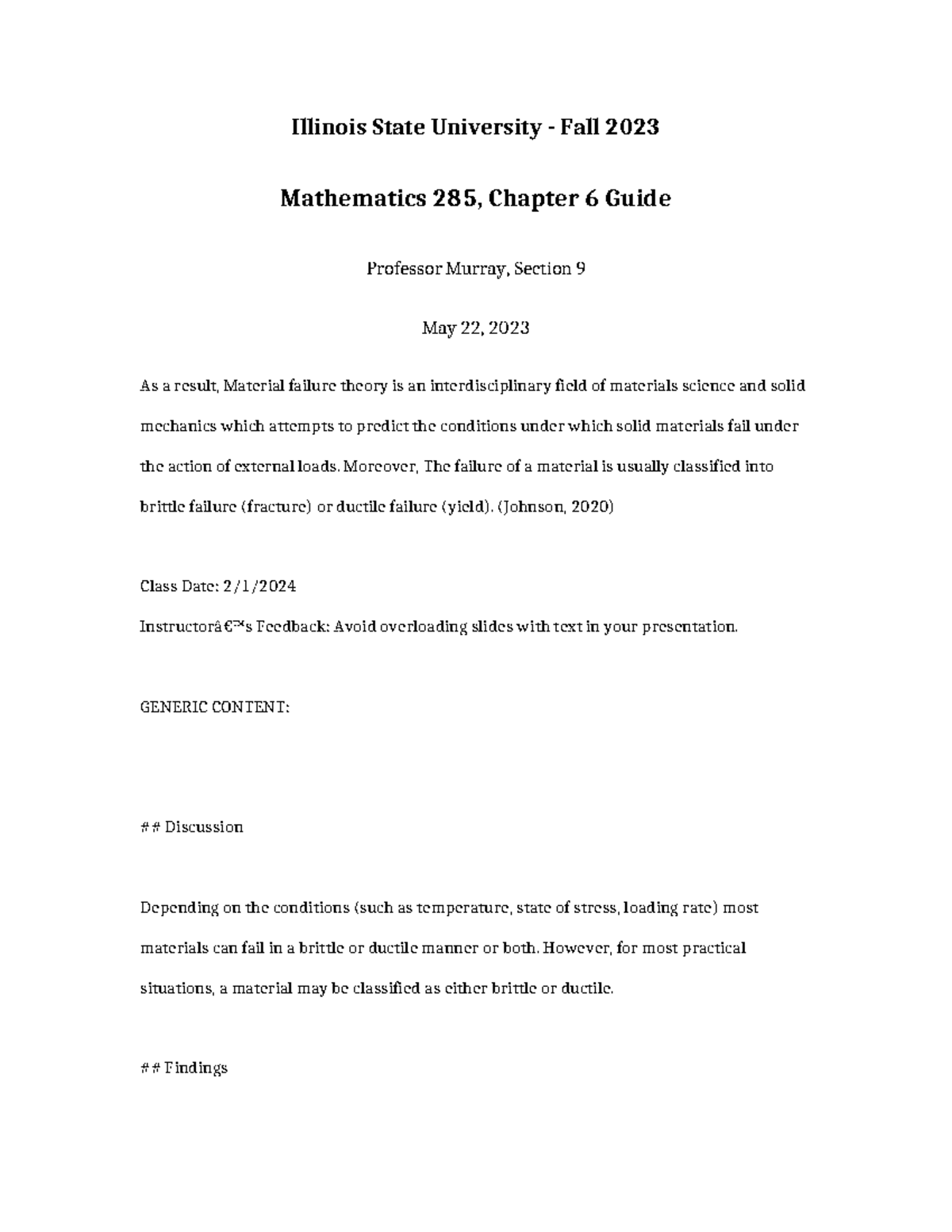 Mathematics 285 Chapter 6 Guide - Illinois State University - Fall 2023 ...