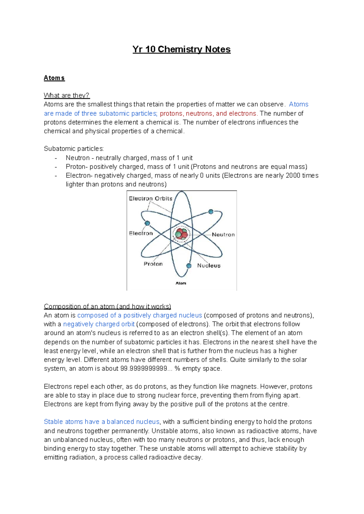 Yr 10 Chemistry Notes: Understanding Atoms and Their Properties - Studocu