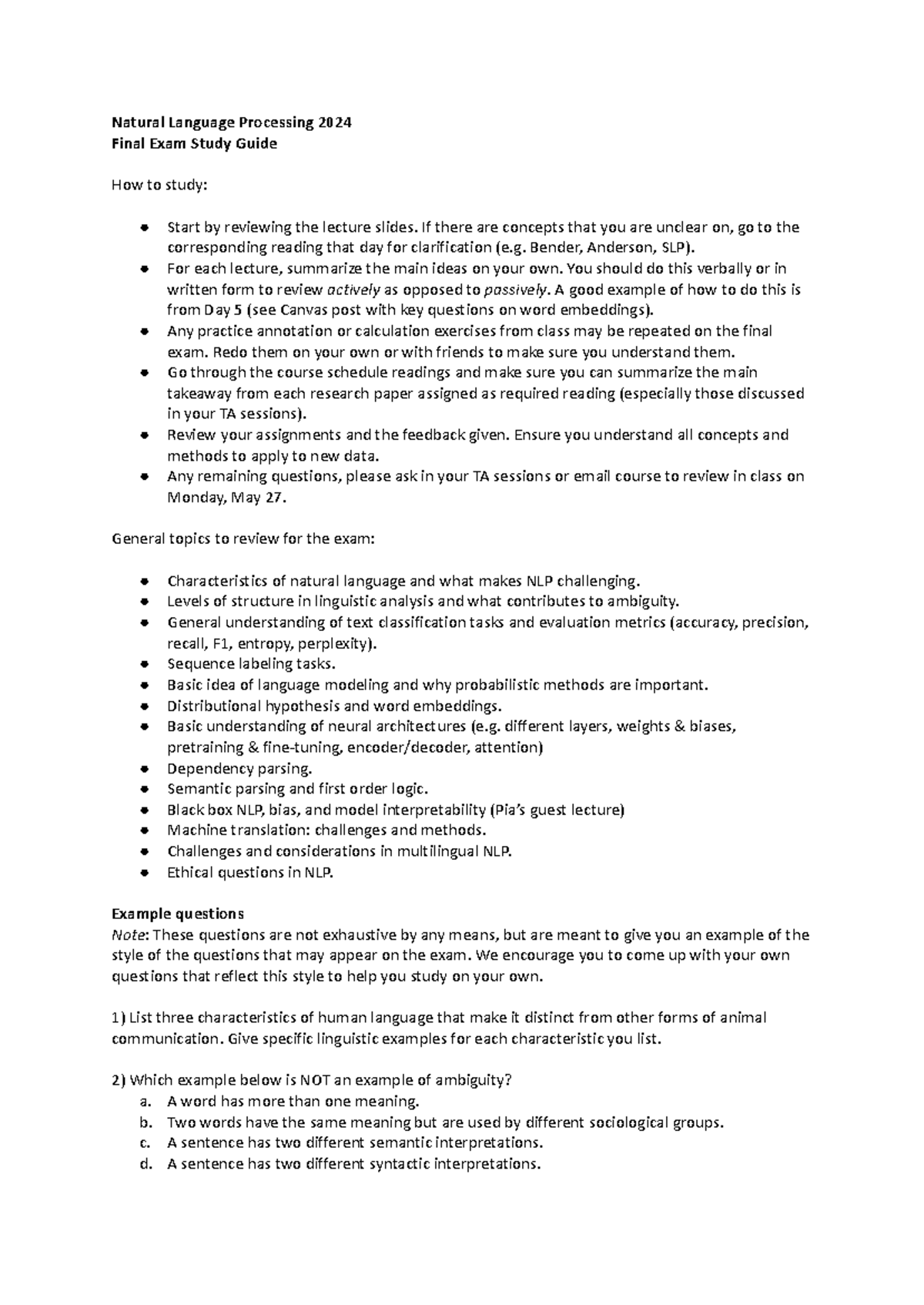 NLP 2024 Final Exam Study Guide: Key Concepts & Review Tips - Studeersnel