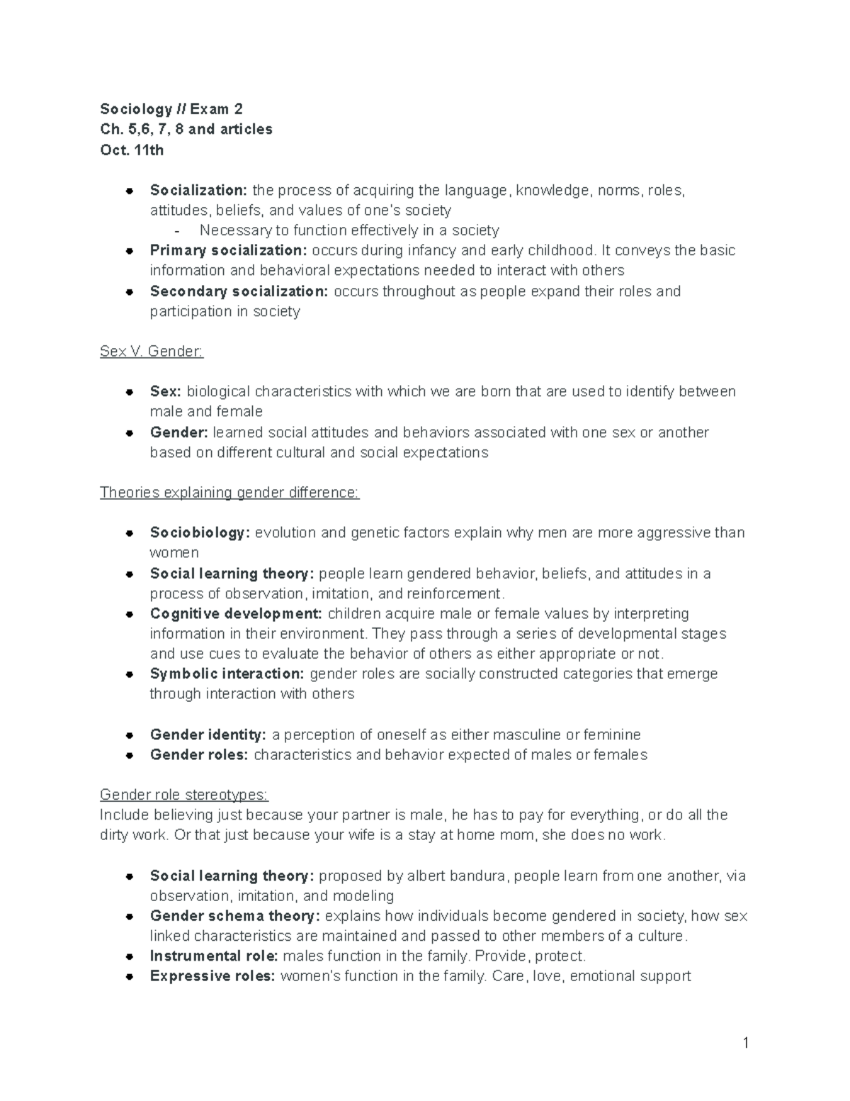 Sociology Exam 2 Study Guide: Socialization, Gender, and Love Theories ...