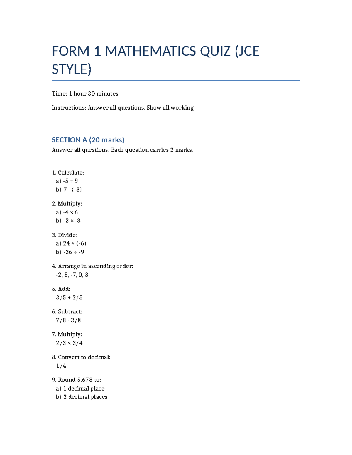 Form 1 JCE Mathematics Quiz - Basic Skills Assessment - Studocu
