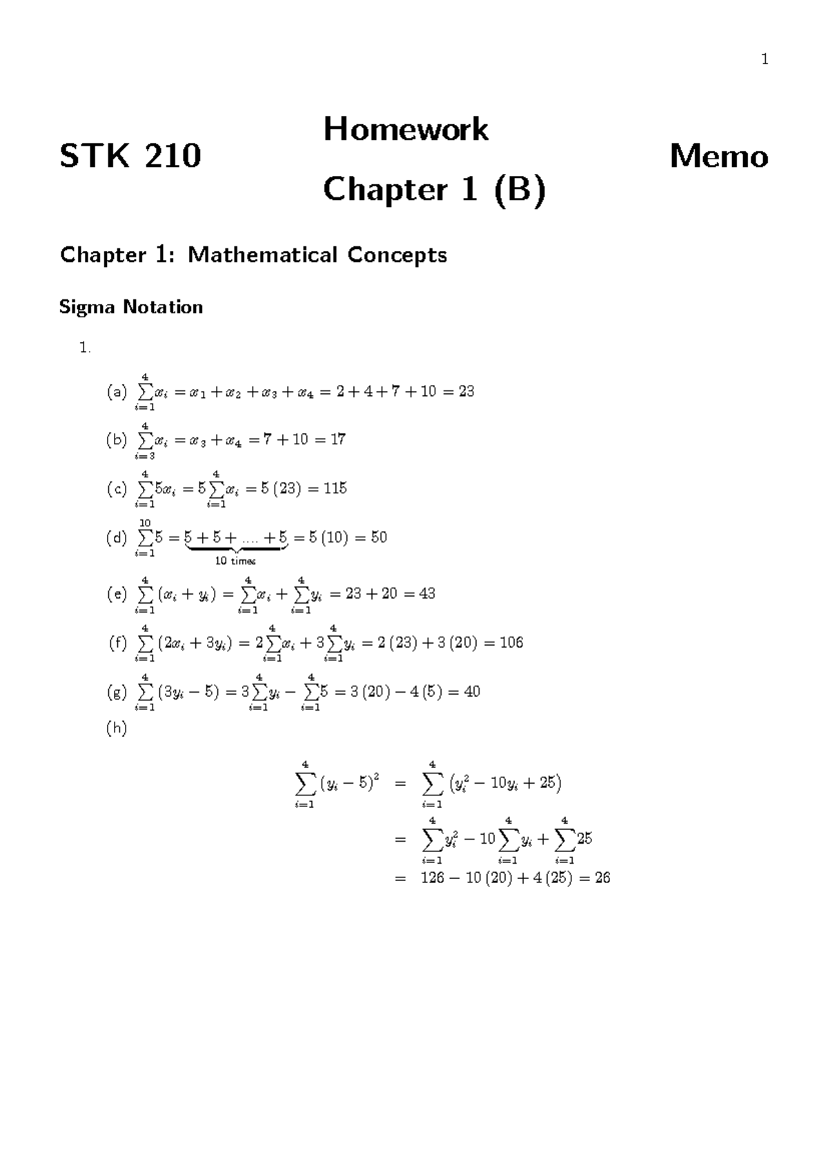 HW STK 210 Chapter 1 Memo: Mathematical Concepts & Sigma Notation - Studocu