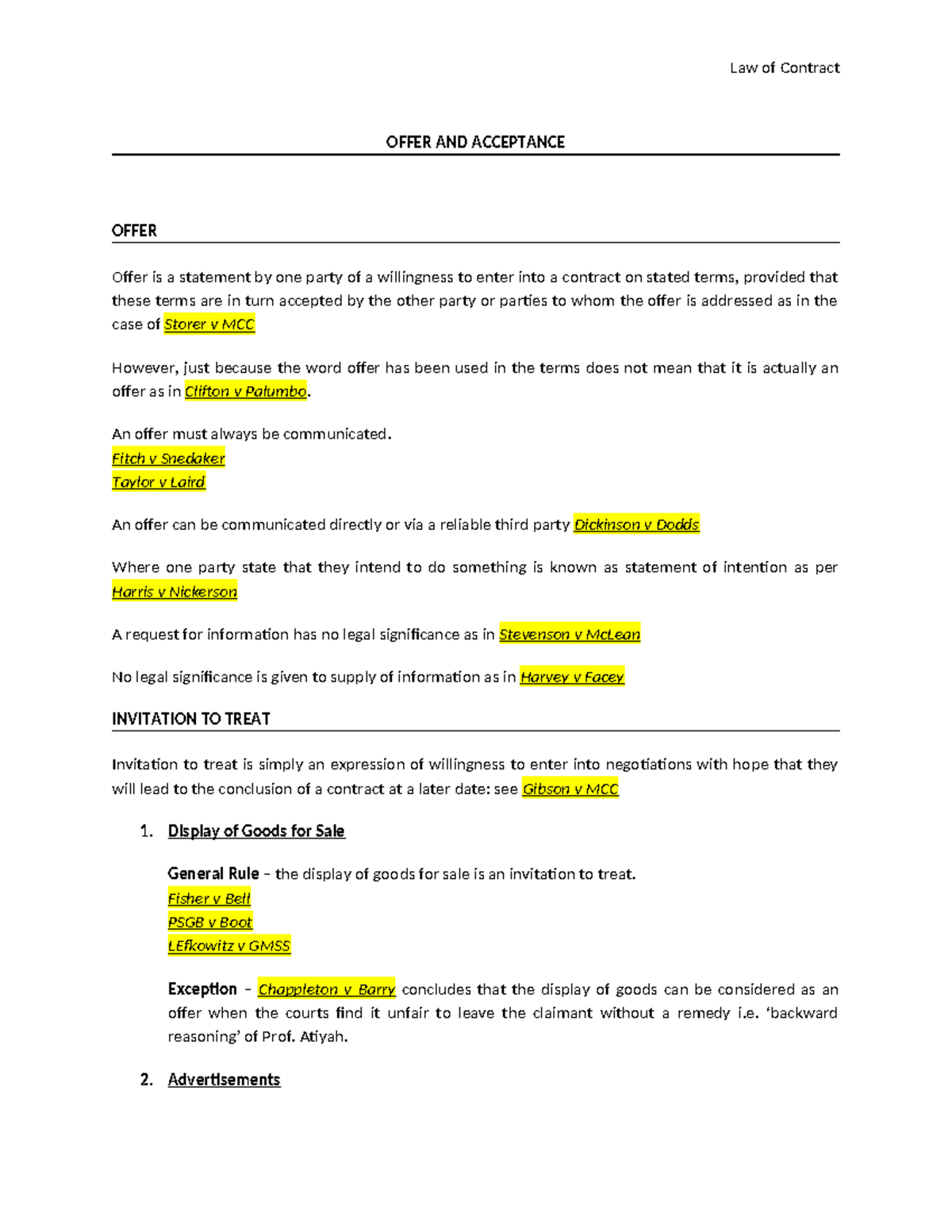 Law of Contract (LAW101): Offer and Acceptance Notes - Studocu