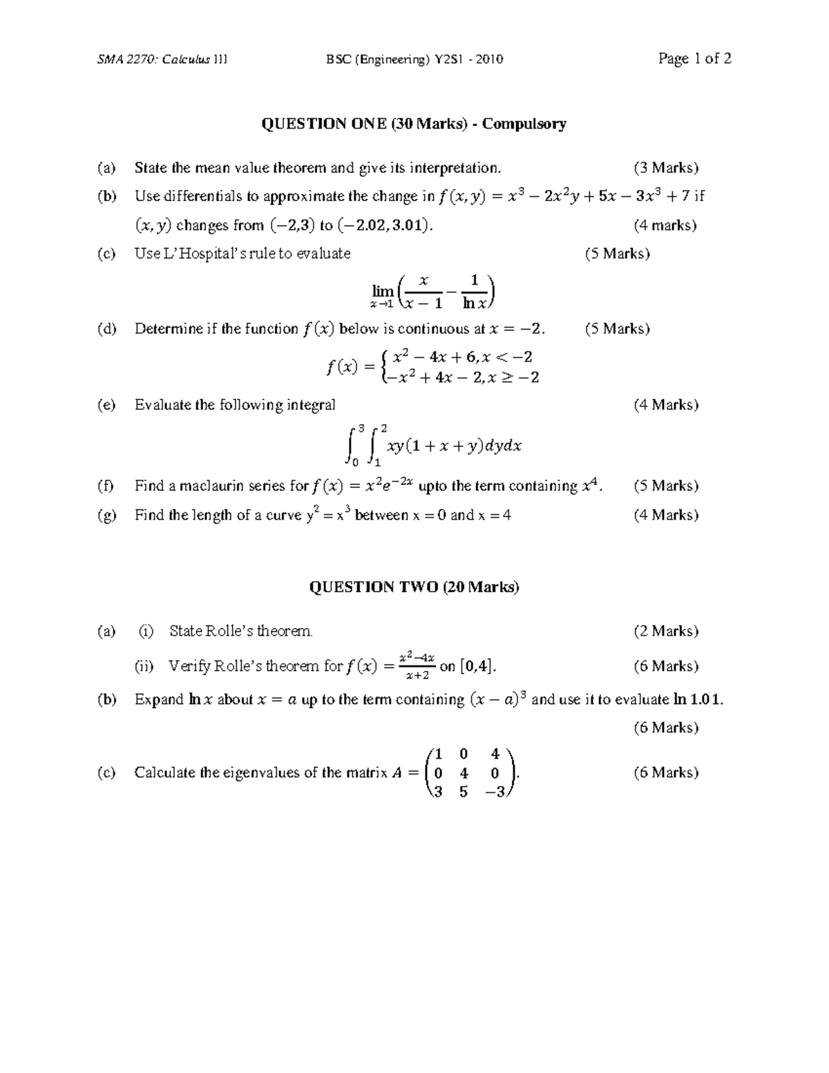 SMA 2270: Calculus III Exam Questions and Solutions - Aug 2010 - Studocu