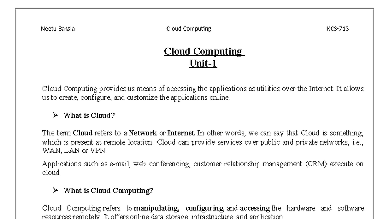 CC Notes-1: Overview of Cloud Computing Concepts and Models - Studocu