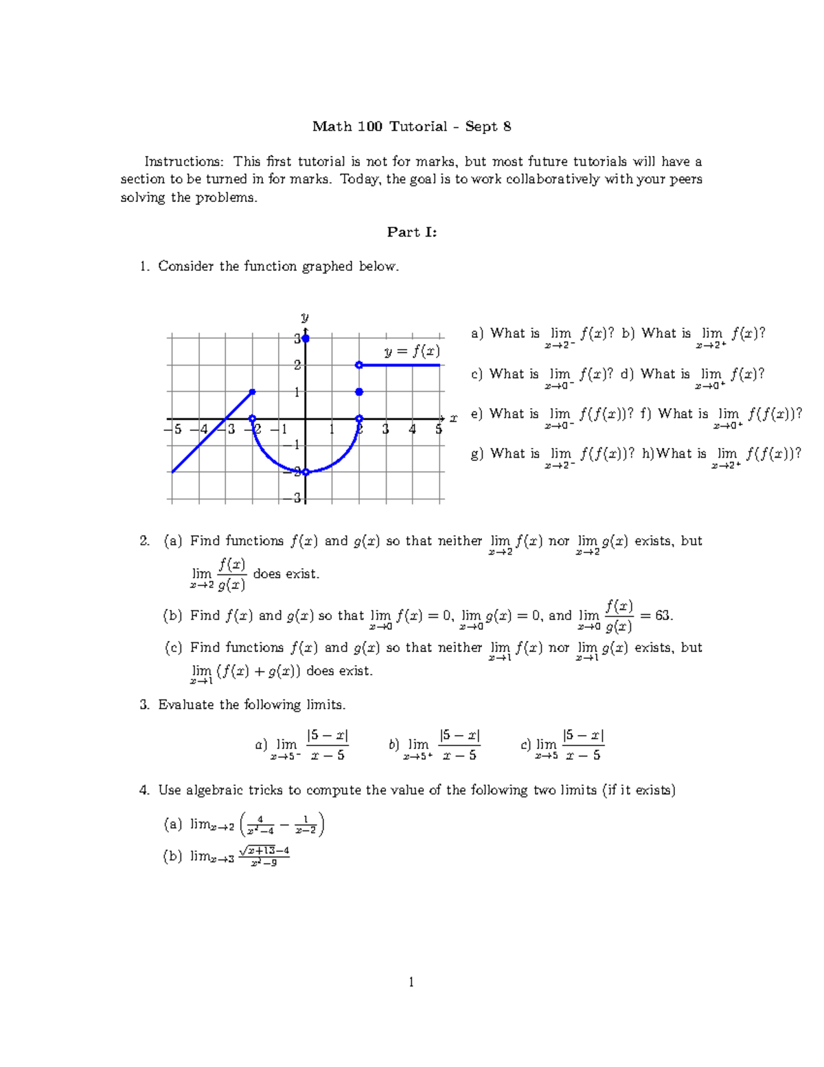 Math 100 Tutorial 1: Limit Problems and Solutions - Studocu