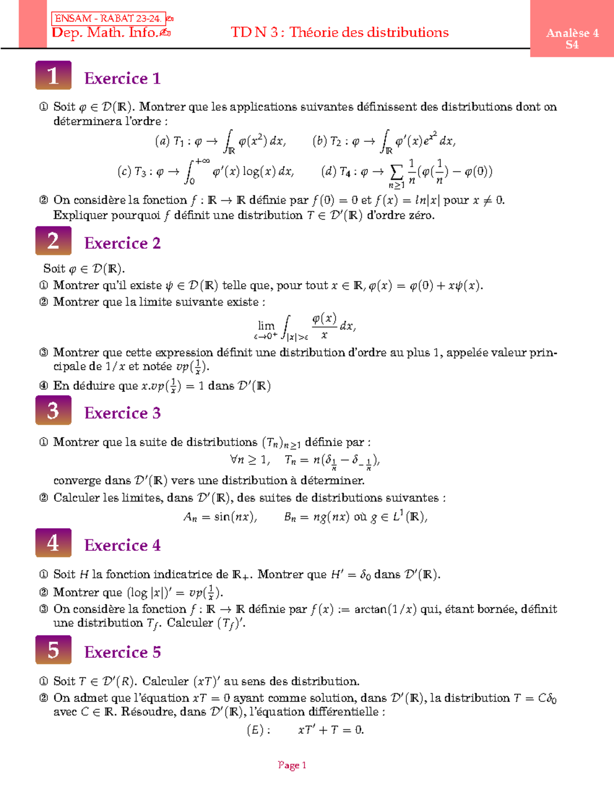 TD Distribution ENSAM 23-24: Analyse des Distributions en Mathématiques ...