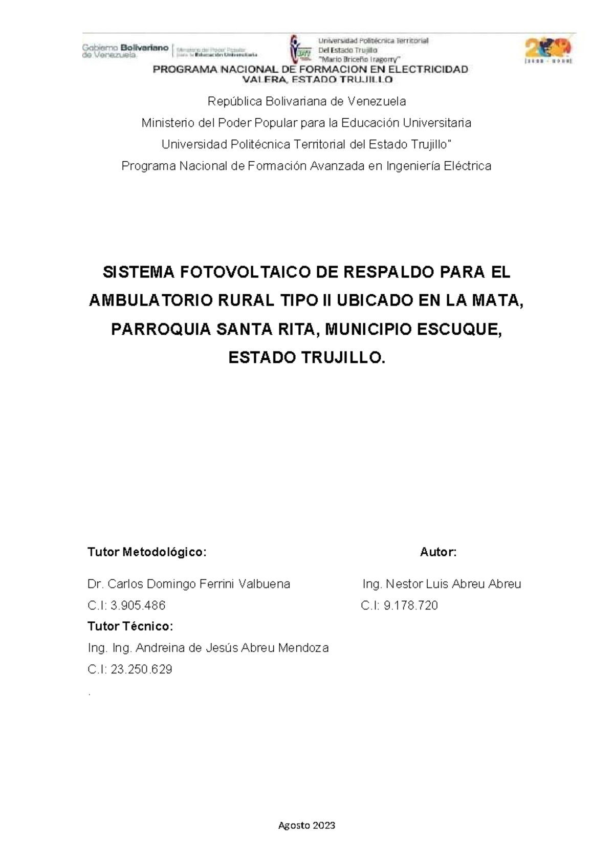 Diseño de Sistema Fotovoltaico para Ambulatorio Rural TIPO II - Escuque - Document Preview