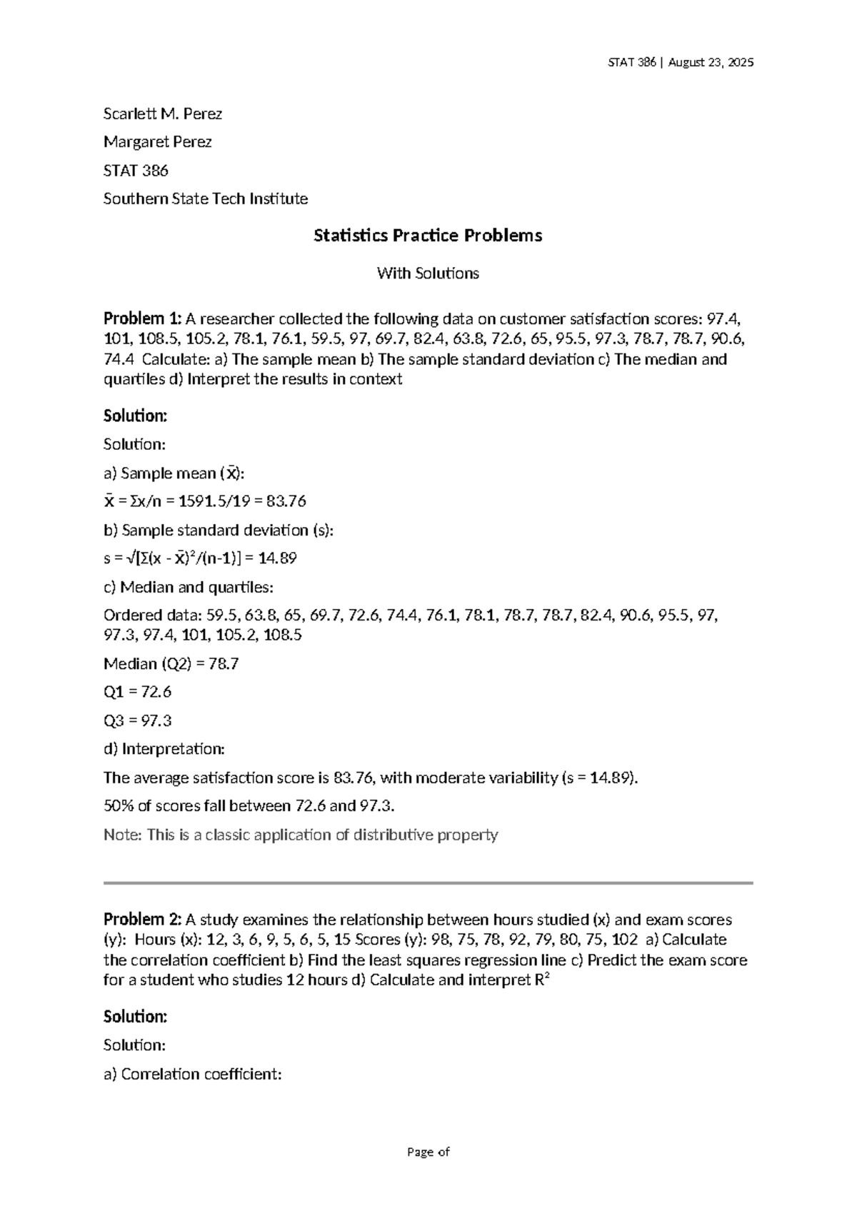 STAT 386 Statistics Practice Problems & Solutions - August 2025 - Studocu