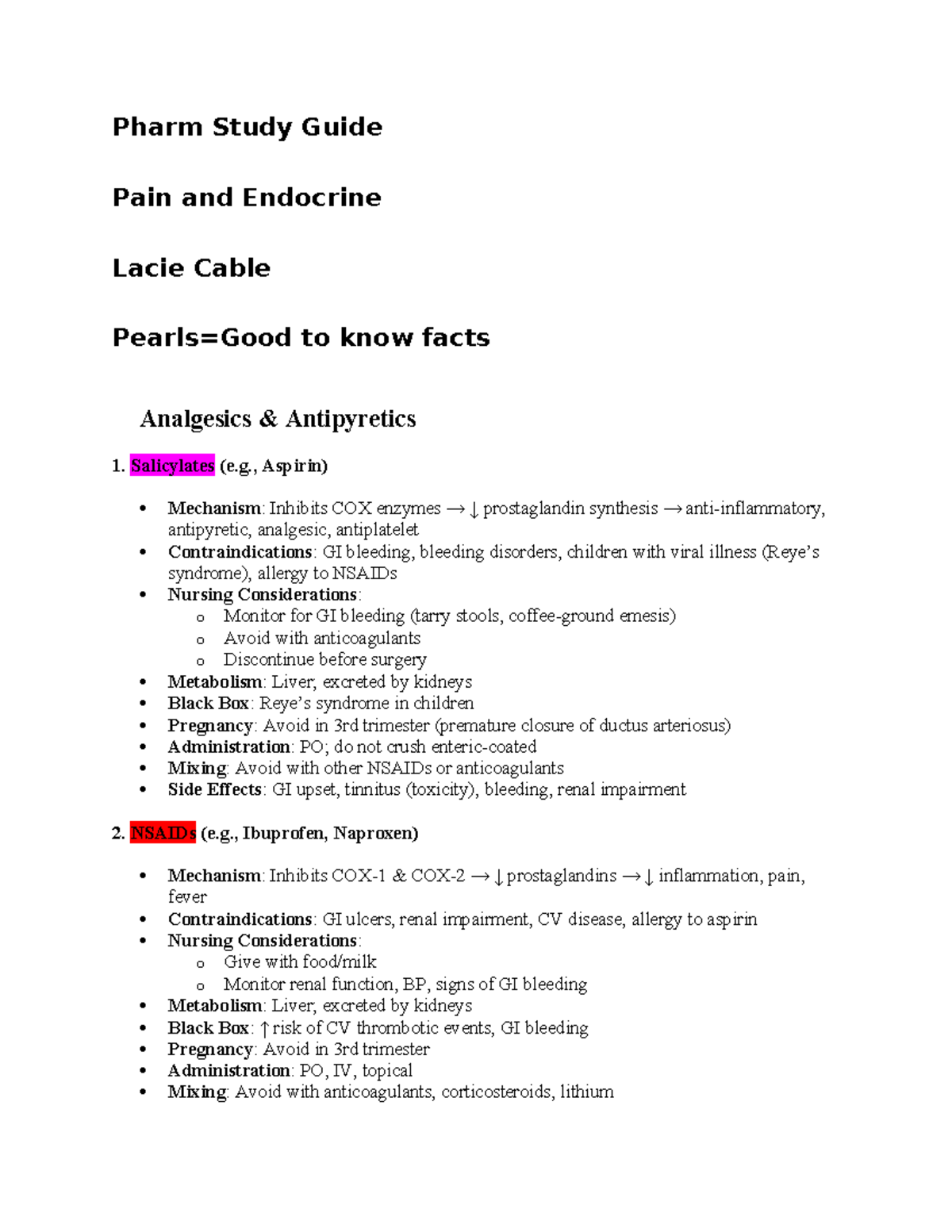 ADN Pharm Study Guide: Pain Management & Endocrine Medications - Studocu