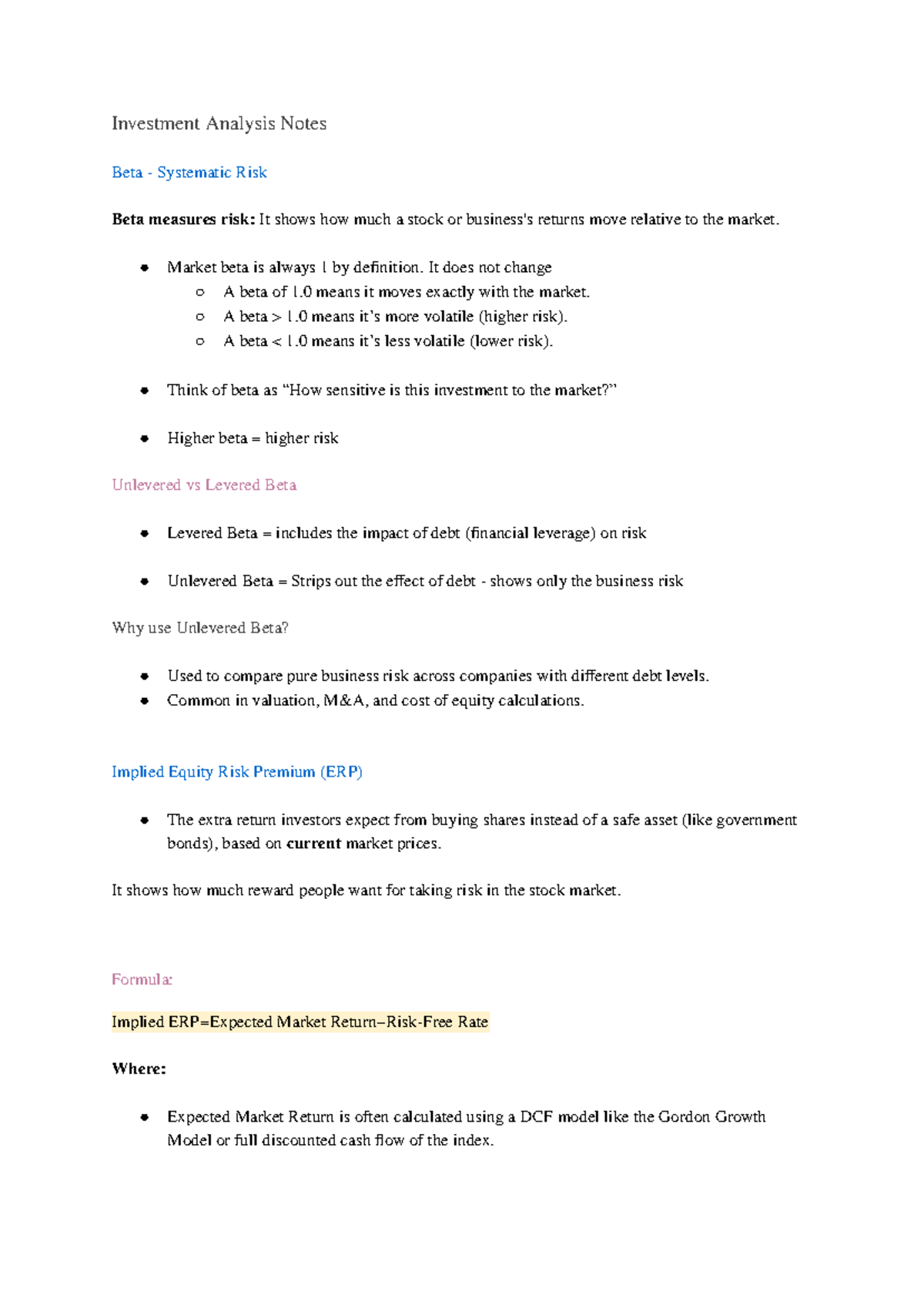 Investment Analysis Notes: Understanding Beta and Risk Factors - Studocu