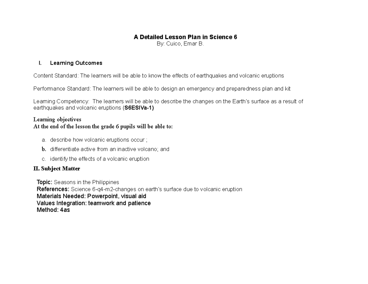 Volcanoes Lesson Plan for Science 6 (LP EMAR) - Studocu