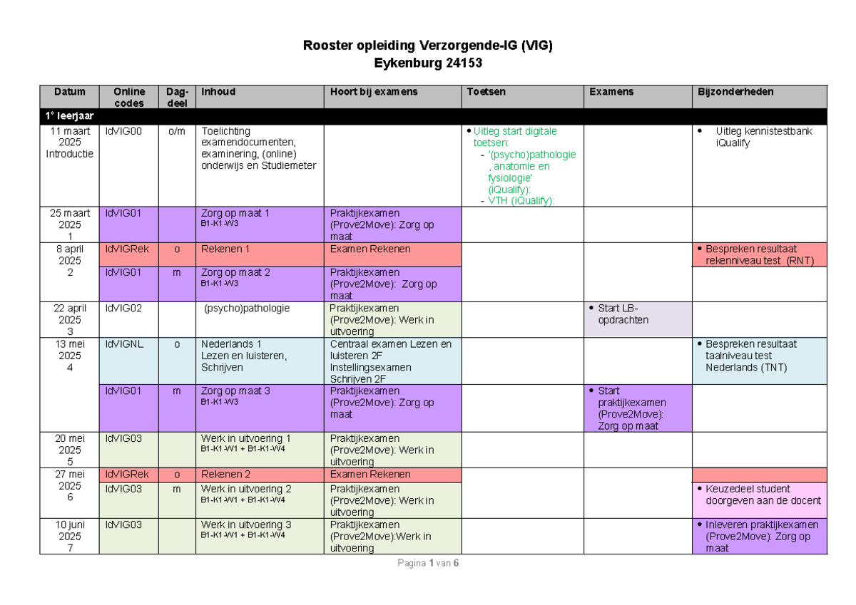 Rooster Lessen en Examens voor Opleiding Verzorgende-IG (VIG) Eykenburg ...