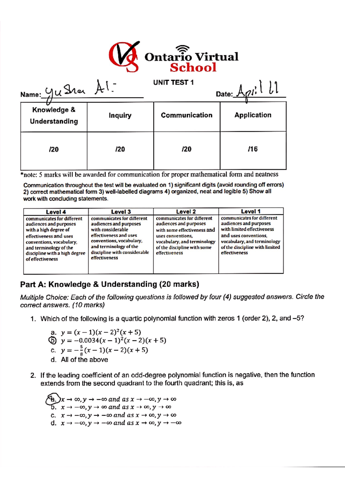 OVS A1 Unit Test 1: Knowledge, Communication, and Application - Studocu