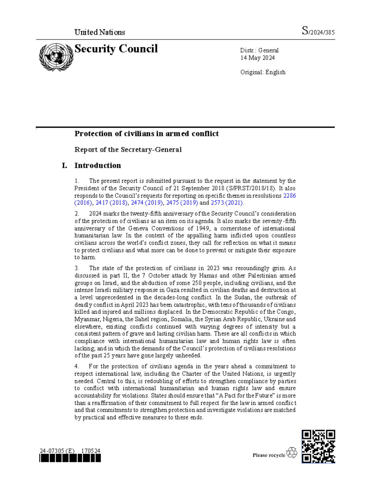 Protection of Civilians in Armed Conflict: UN Report S/2024/385 - Studocu