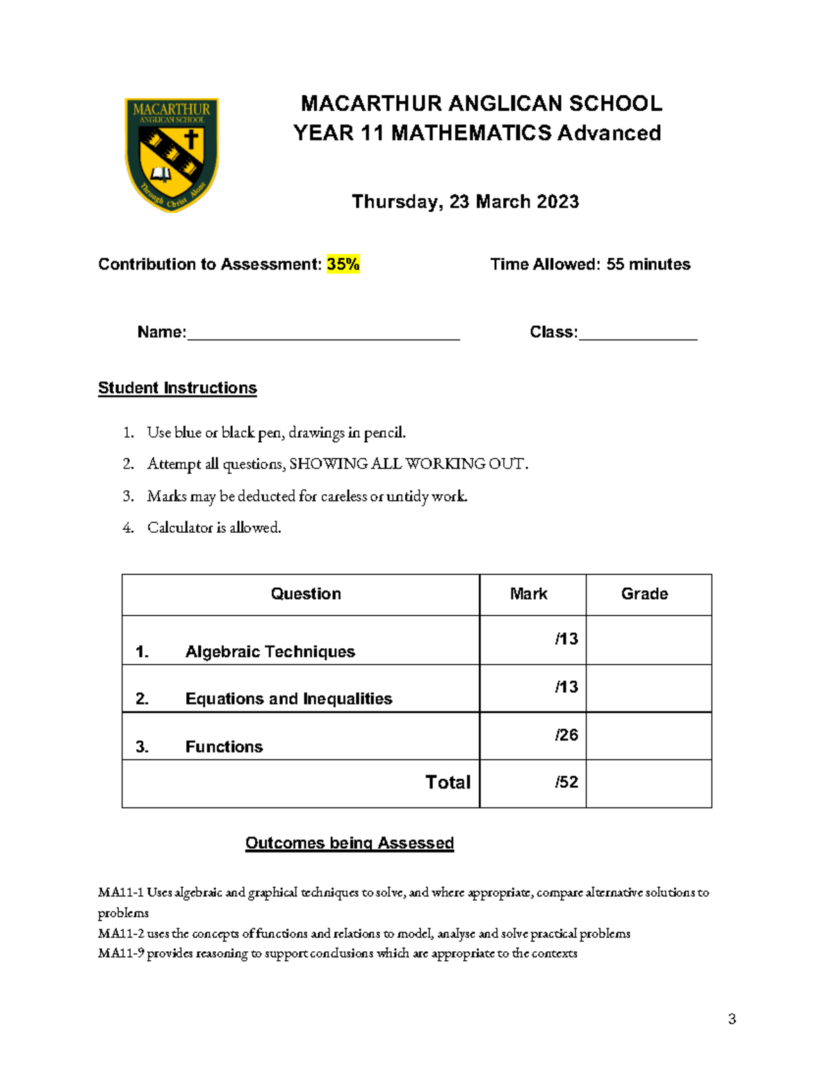 Year 11 Mathematics Advanced Assessment Task - March 2023 - Studocu