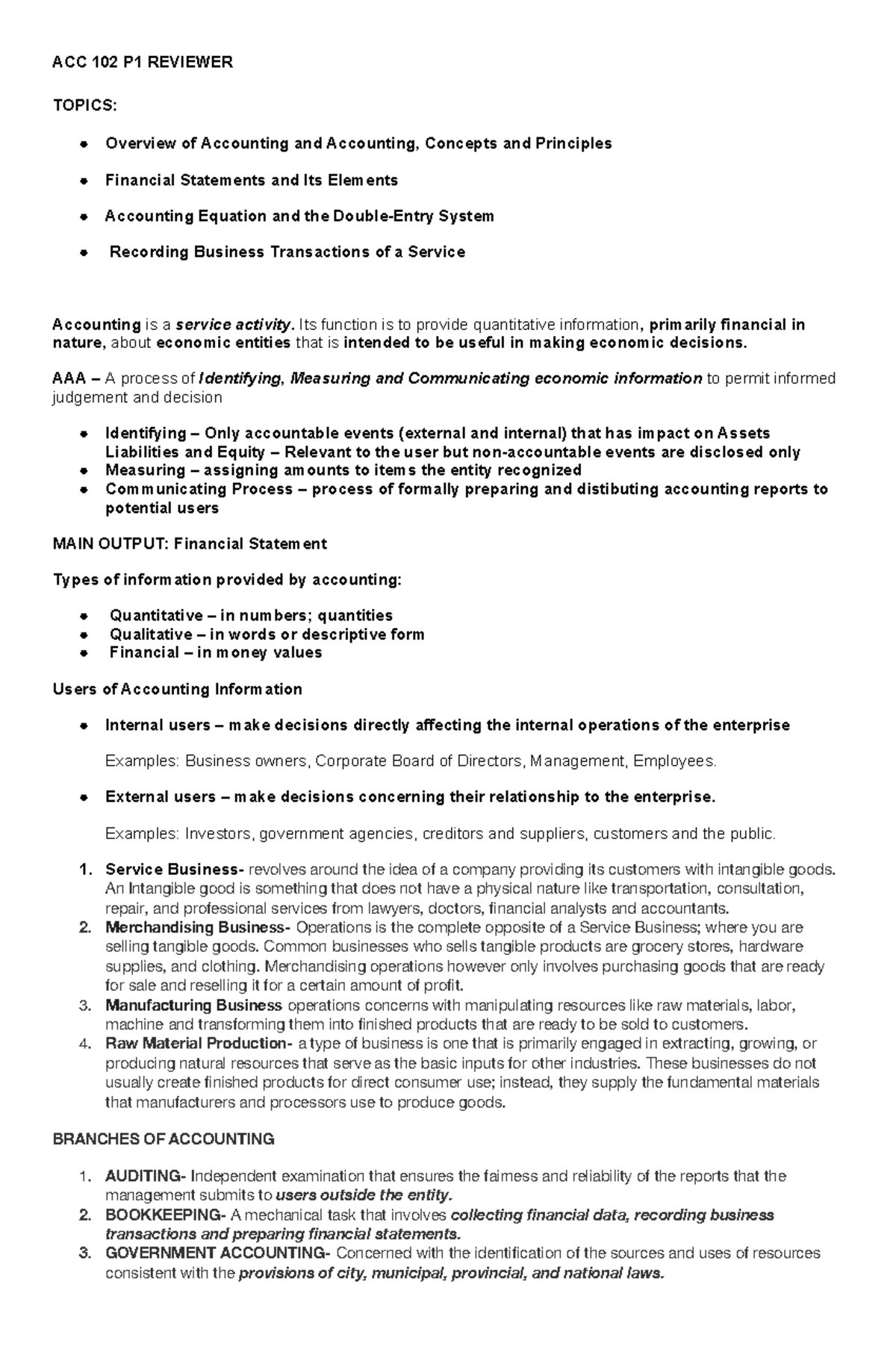 ACC 102 P1 REVIEWER: Key Concepts in Accounting Principles and ...