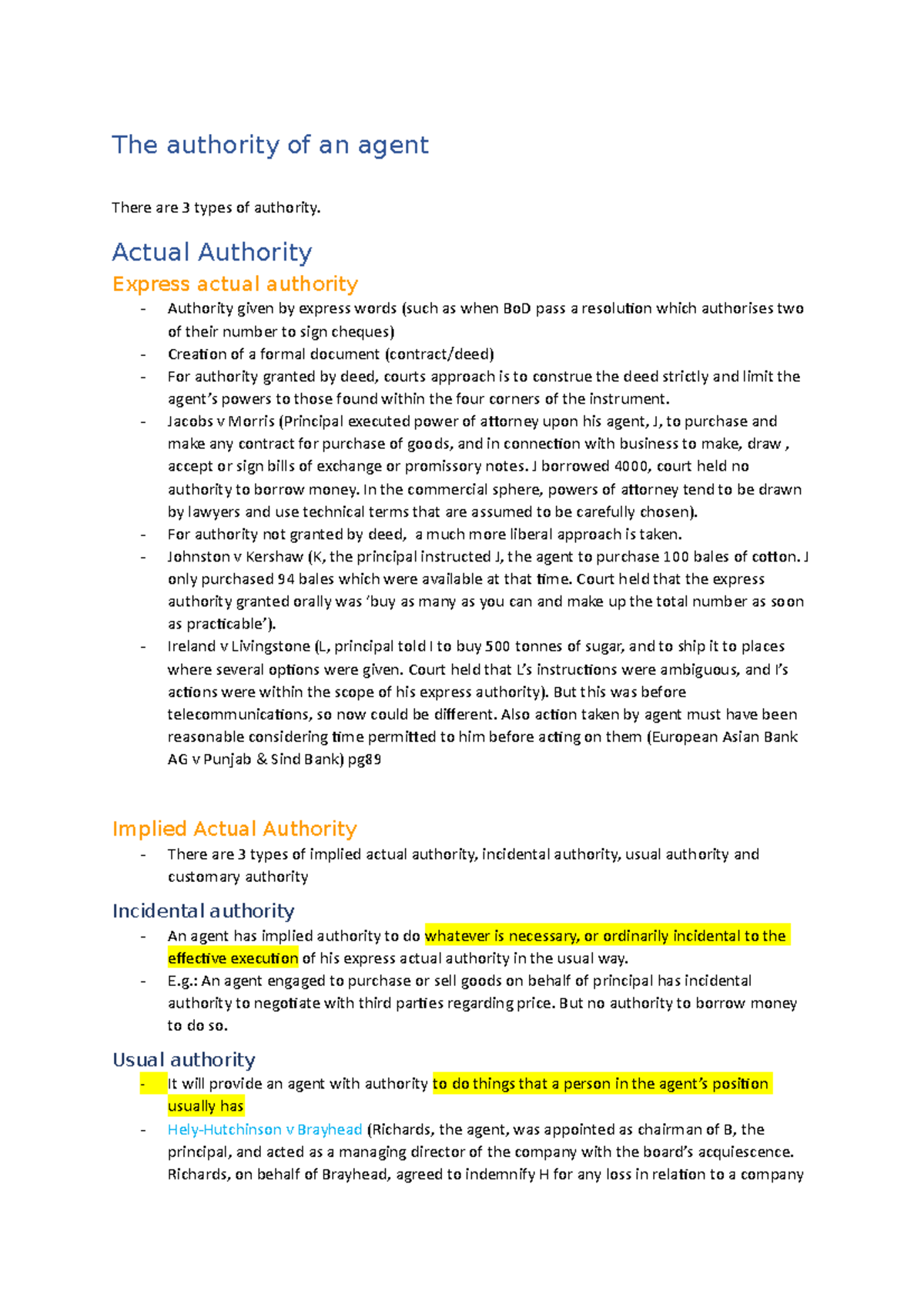 Agency in Commercial Law: Types of Authority Explained - Studocu